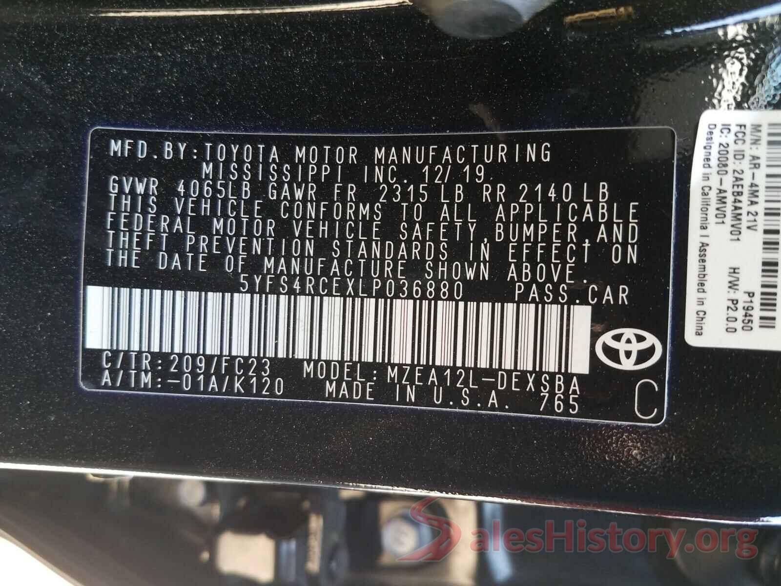 5YFS4RCEXLP036880 2020 TOYOTA COROLLA