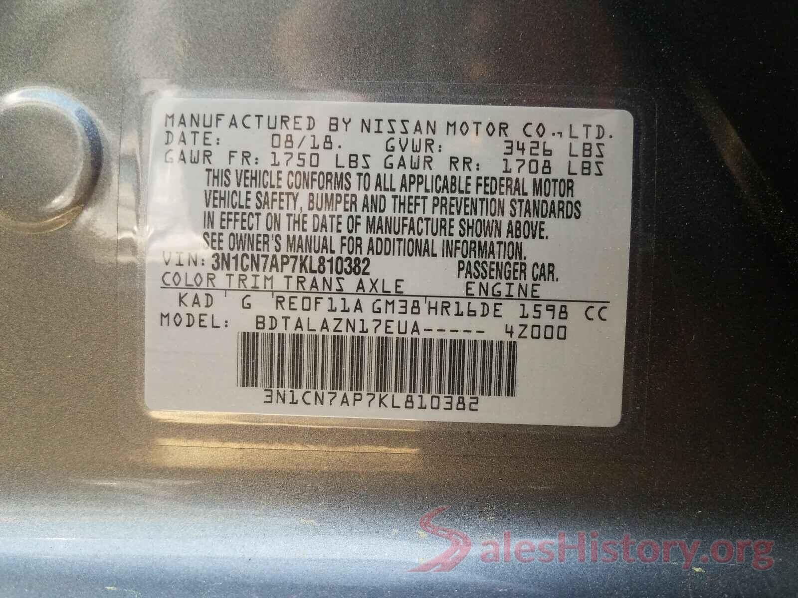 3N1CN7AP7KL810382 2019 NISSAN VERSA