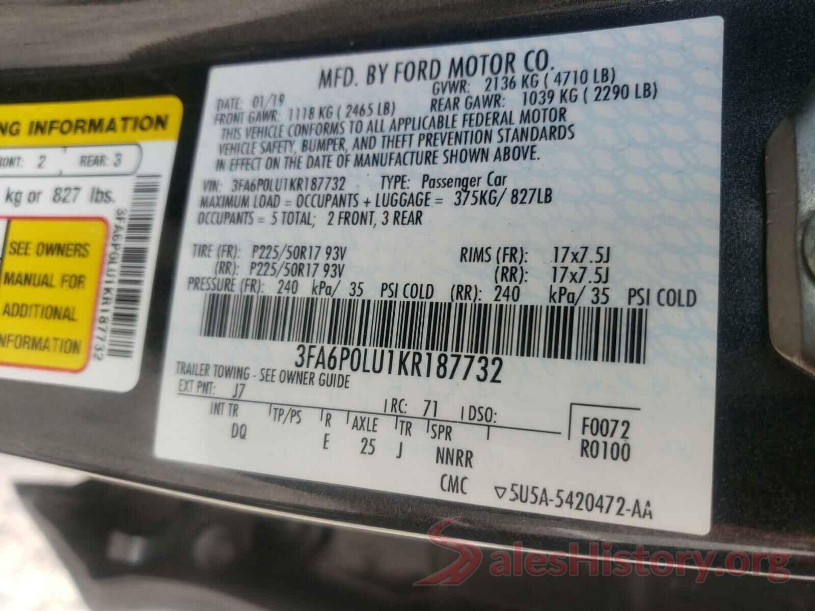 3FA6P0LU1KR187732 2019 FORD FUSION