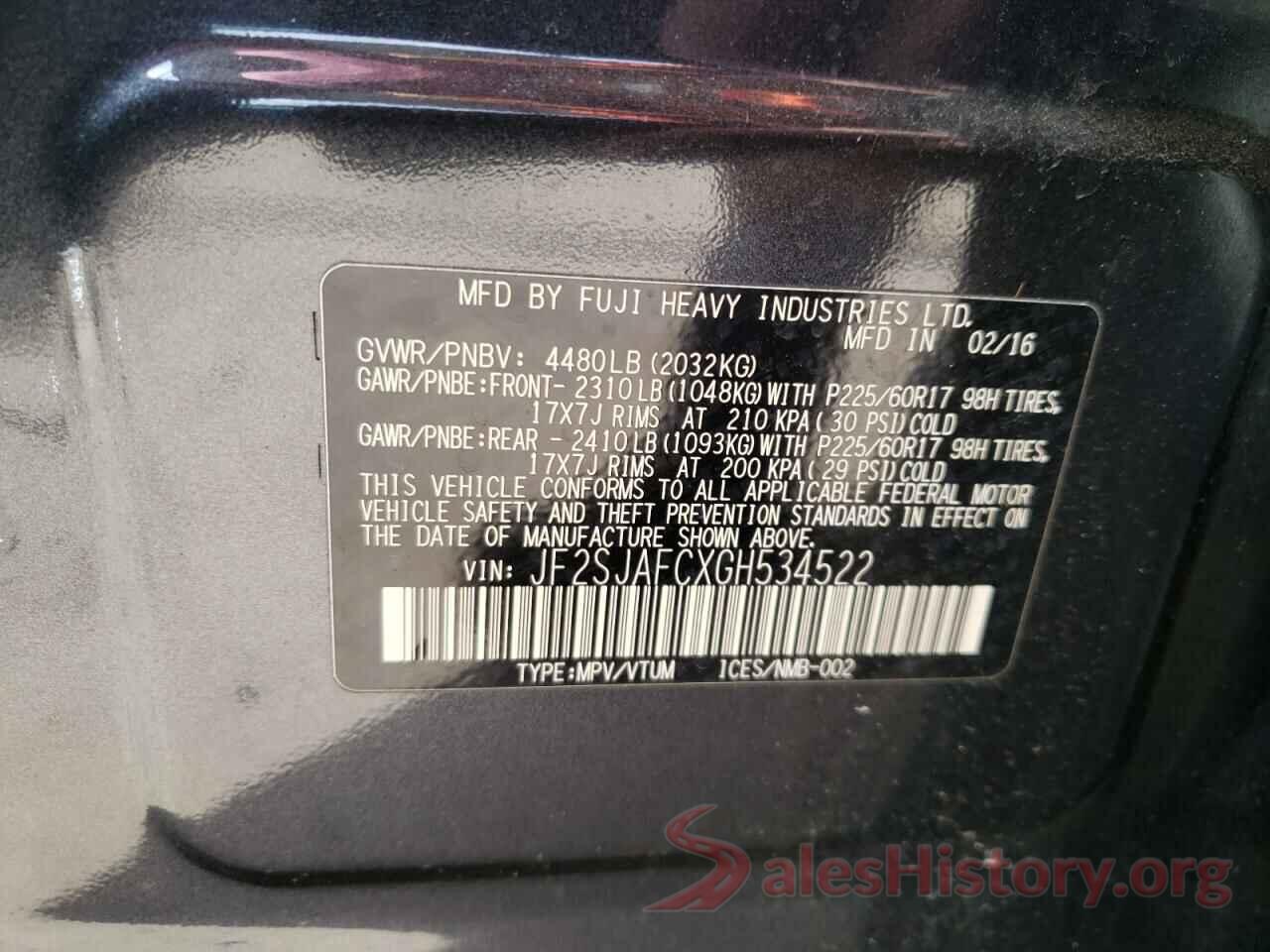 JF2SJAFCXGH534522 2016 SUBARU FORESTER