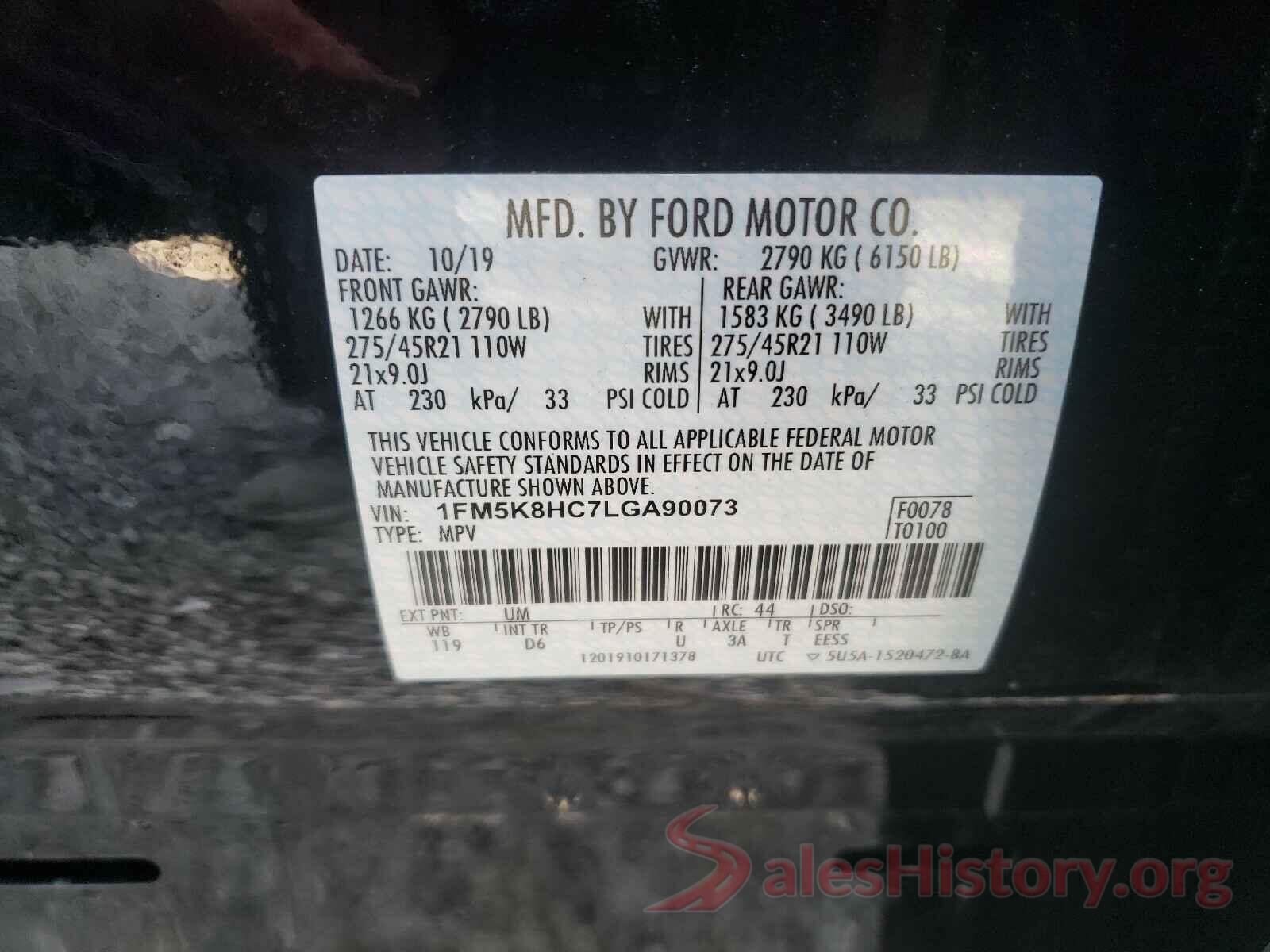 1FM5K8HC7LGA90073 2020 FORD EXPLORER