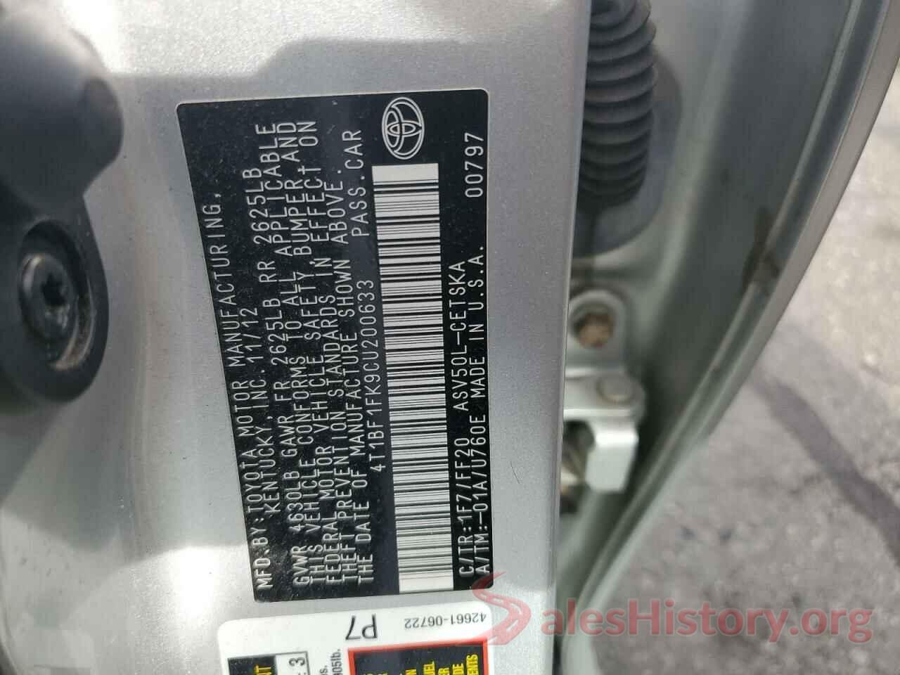 4T1BF1FK9CU200633 2012 TOYOTA CAMRY