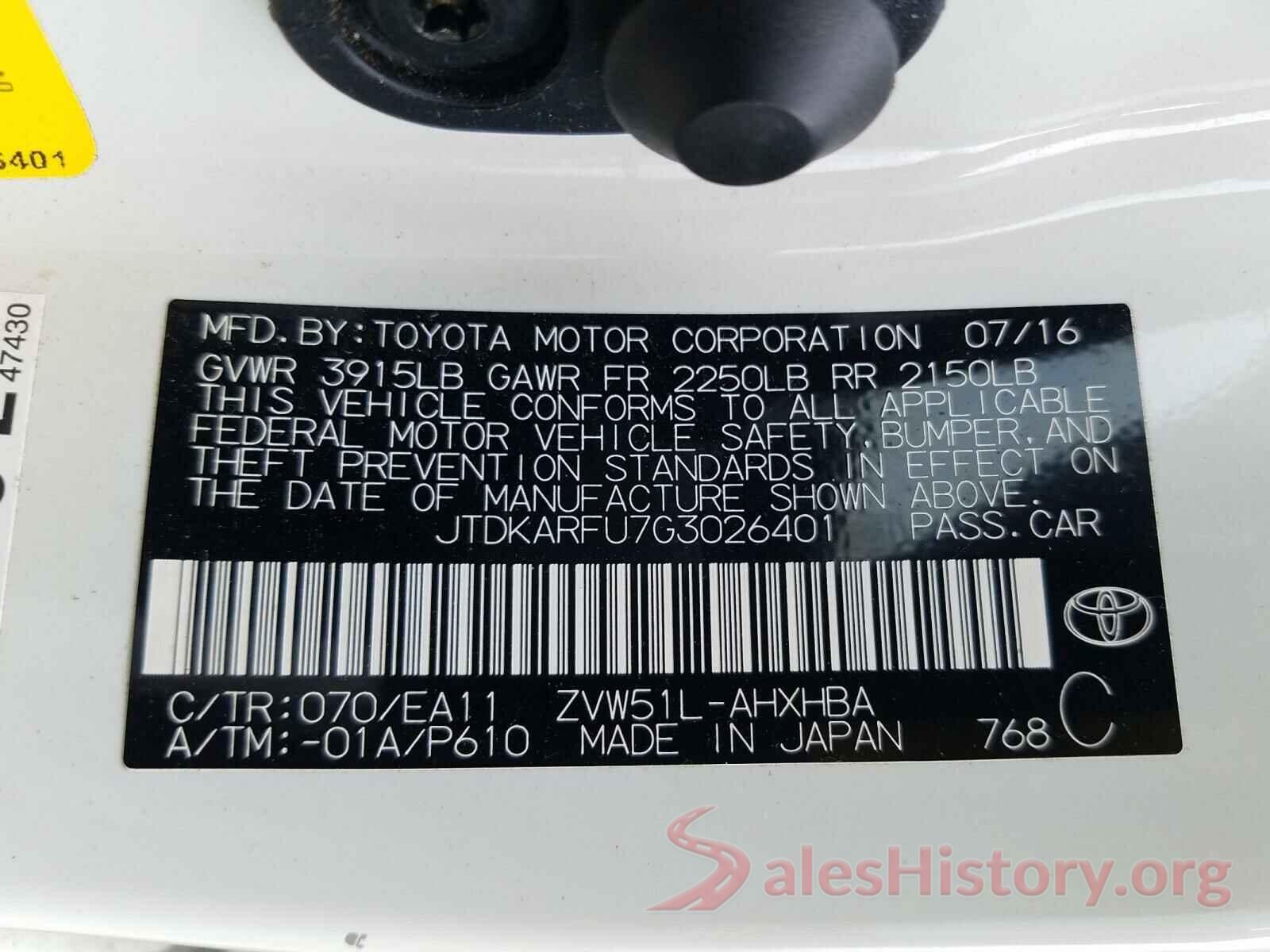 JTDKARFU7G3026401 2016 TOYOTA PRIUS