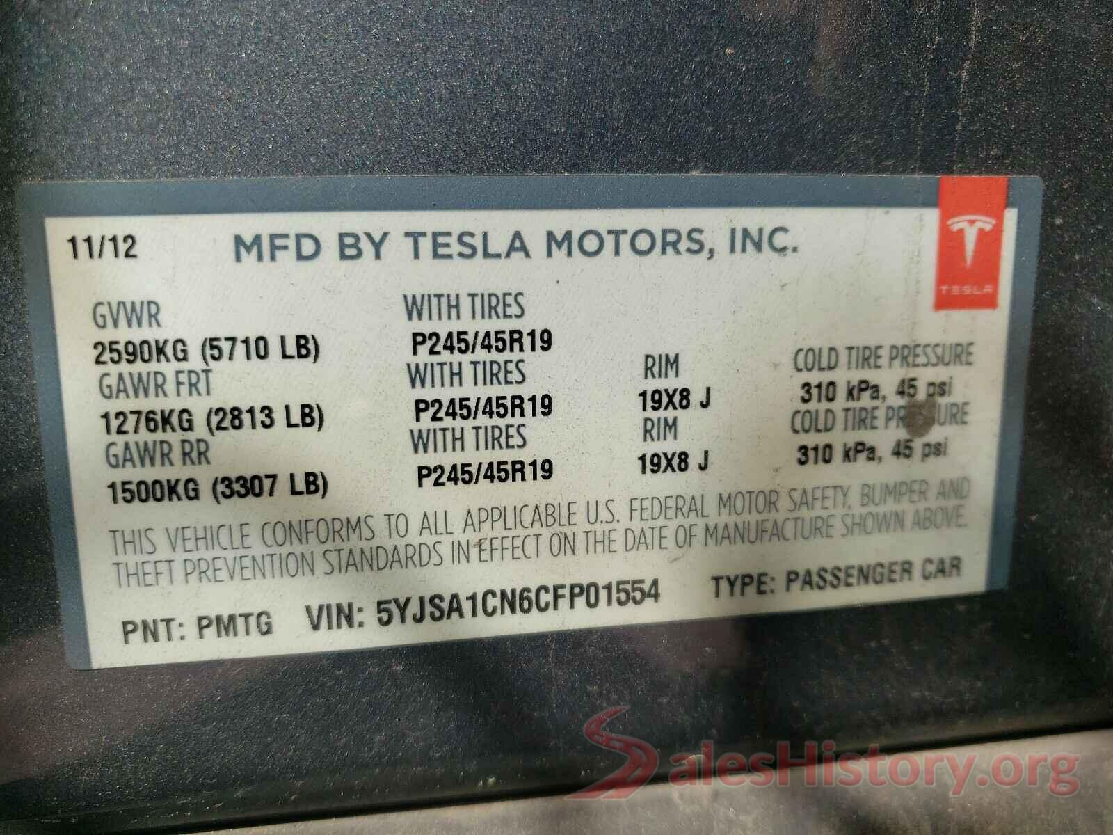 5YJSA1CN6CFP01554 2012 TESLA MODEL S