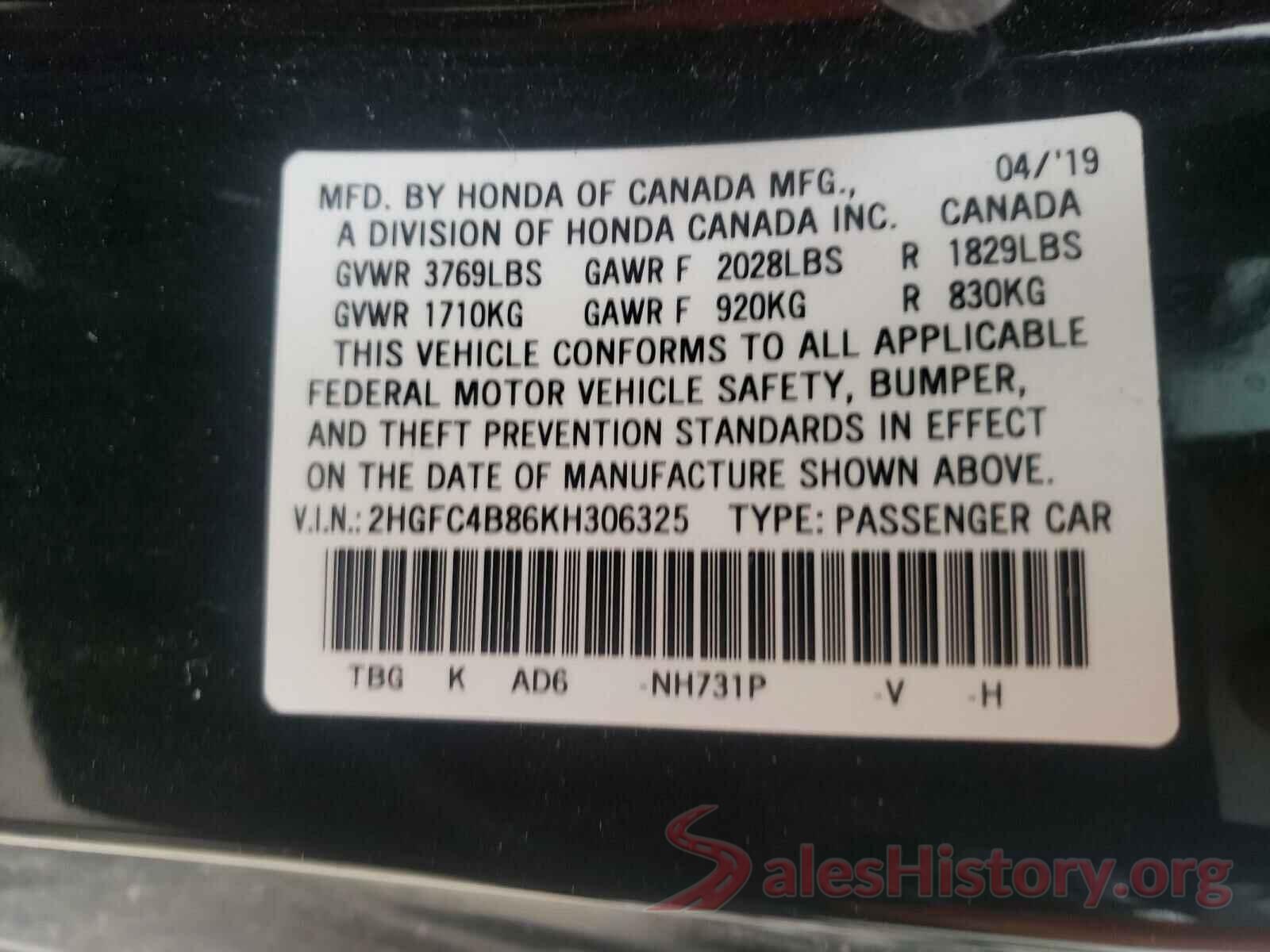 2HGFC4B86KH306325 2019 HONDA CIVIC