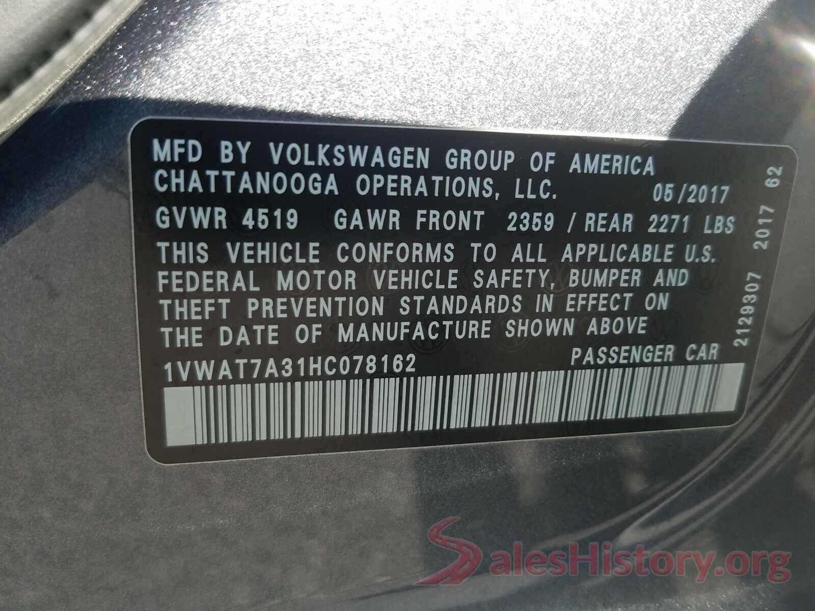 1VWAT7A31HC078162 2017 VOLKSWAGEN PASSAT