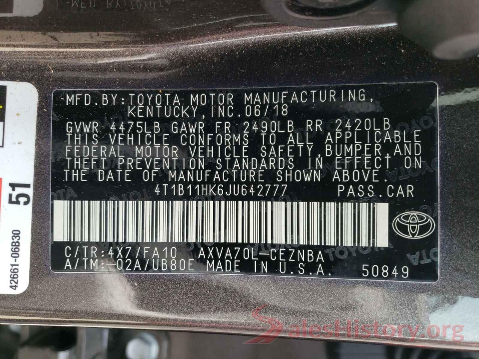 4T1B11HK6JU642777 2018 TOYOTA CAMRY