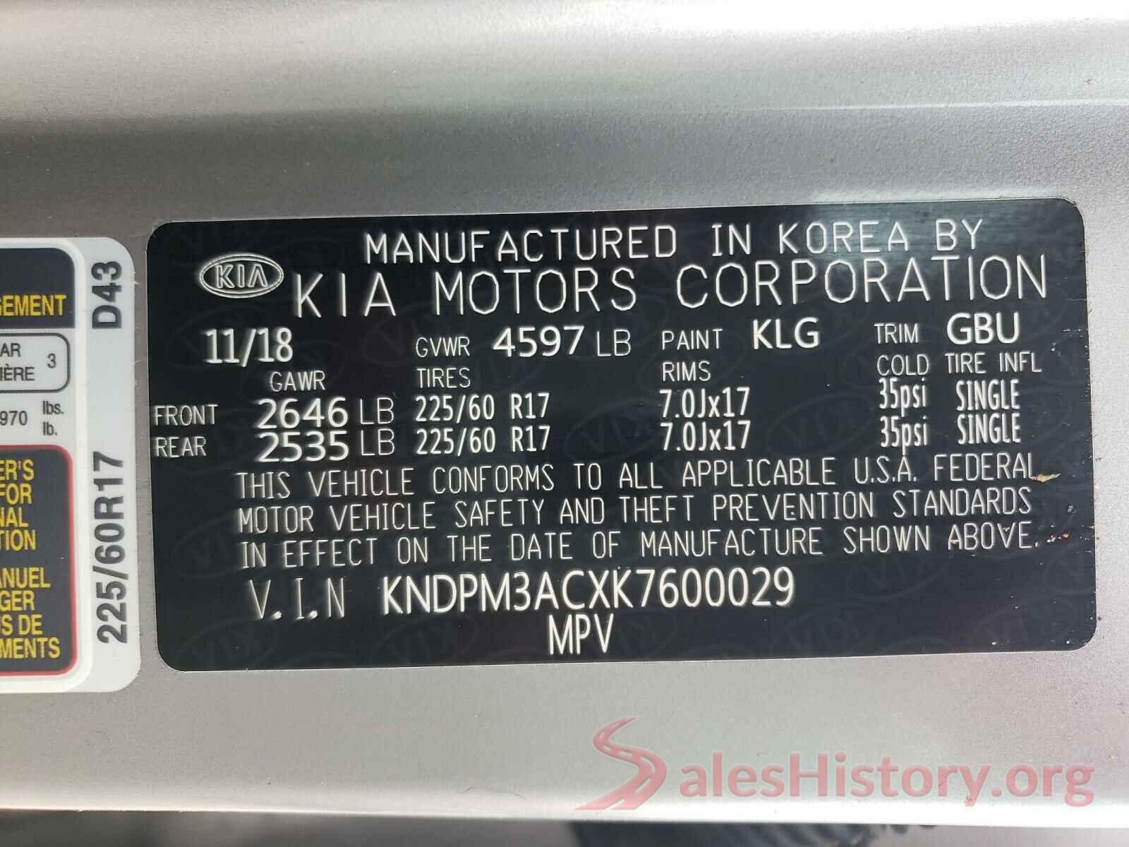 KNDPM3ACXK7600029 2019 KIA SPORTAGE