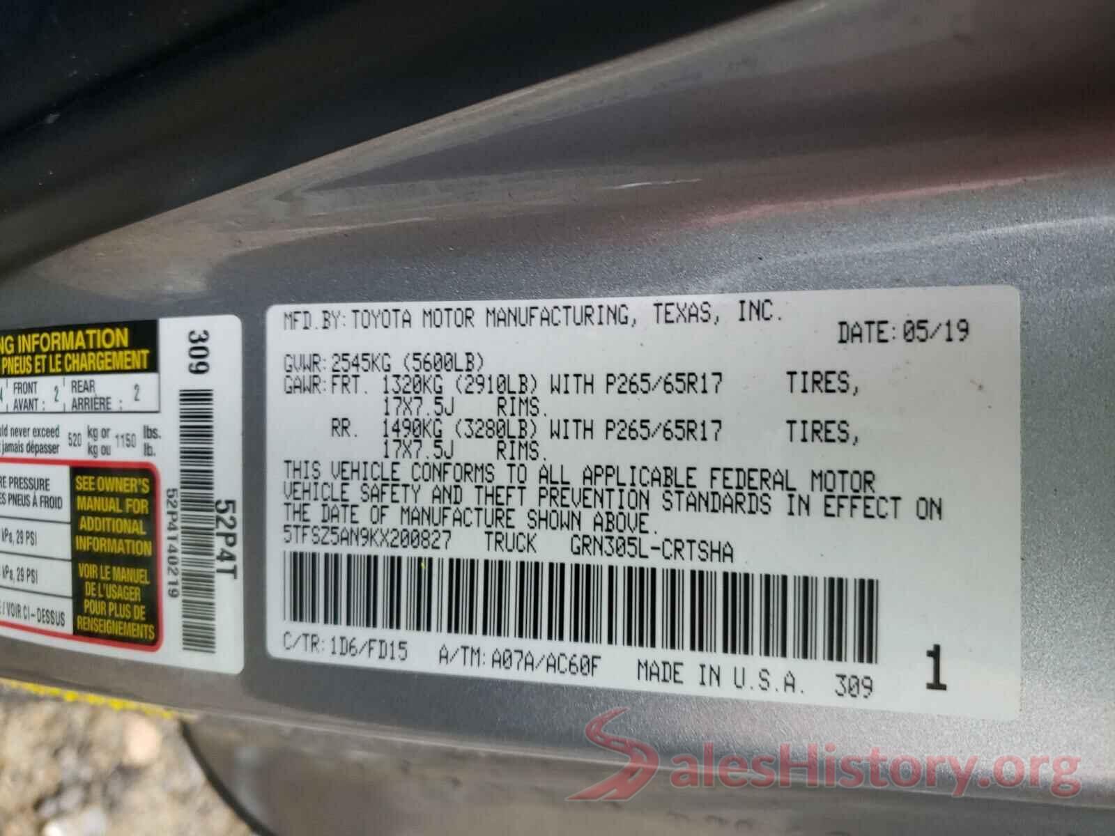 5TFSZ5AN9KX200827 2019 TOYOTA TACOMA