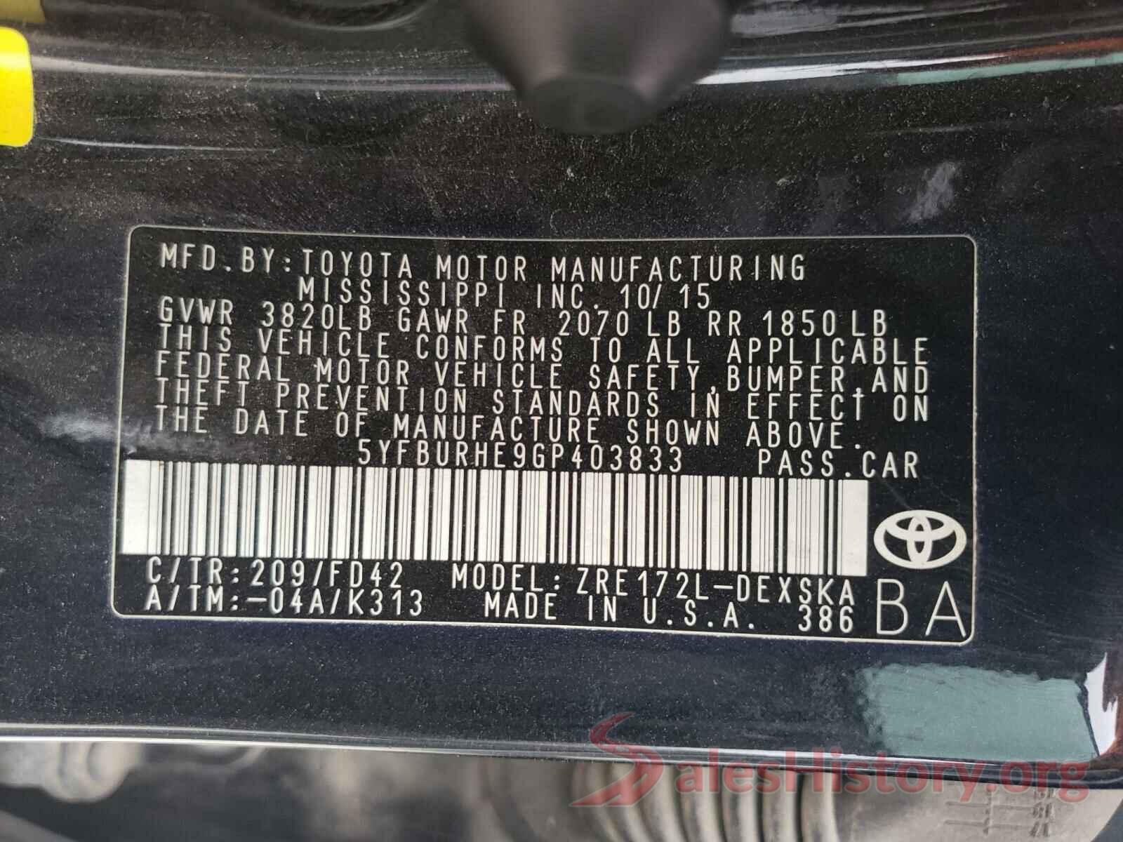 5YFBURHE9GP403833 2016 TOYOTA COROLLA