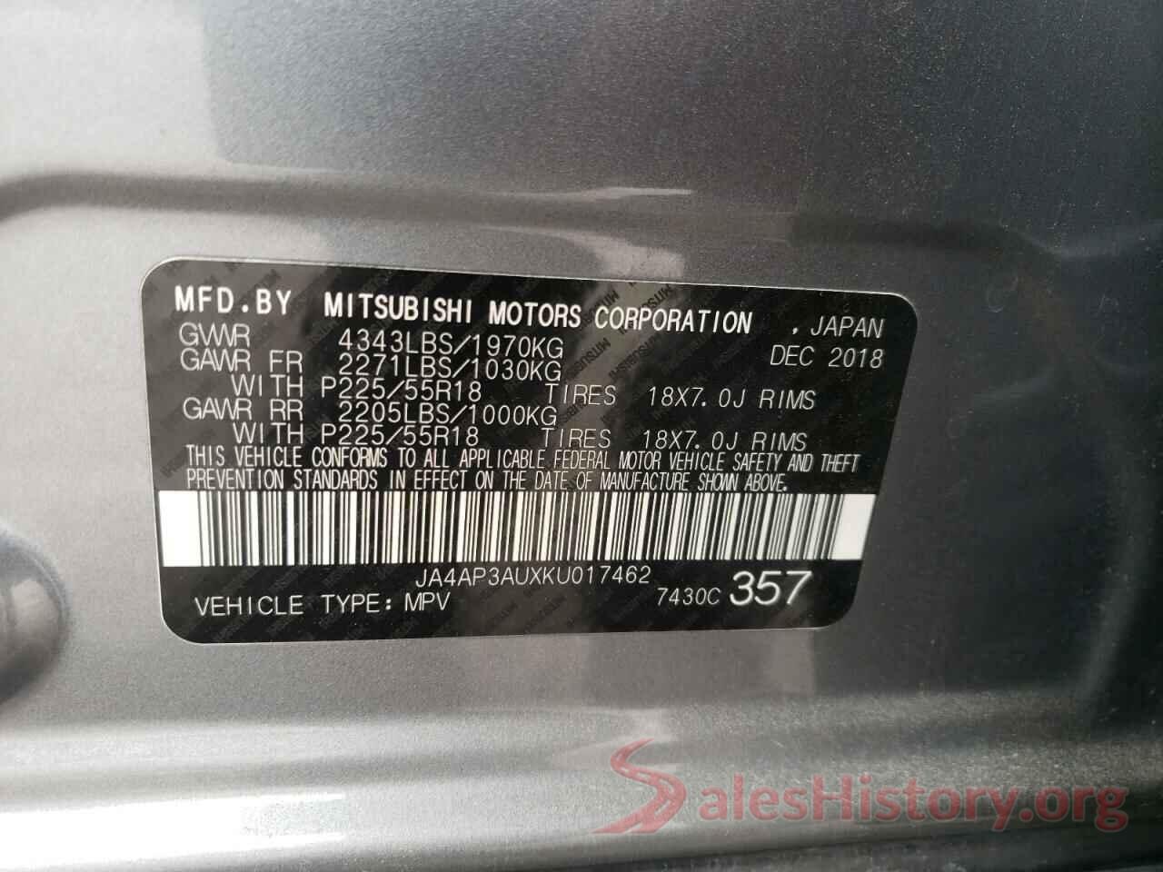 JA4AP3AUXKU017462 2019 MITSUBISHI OUTLANDER