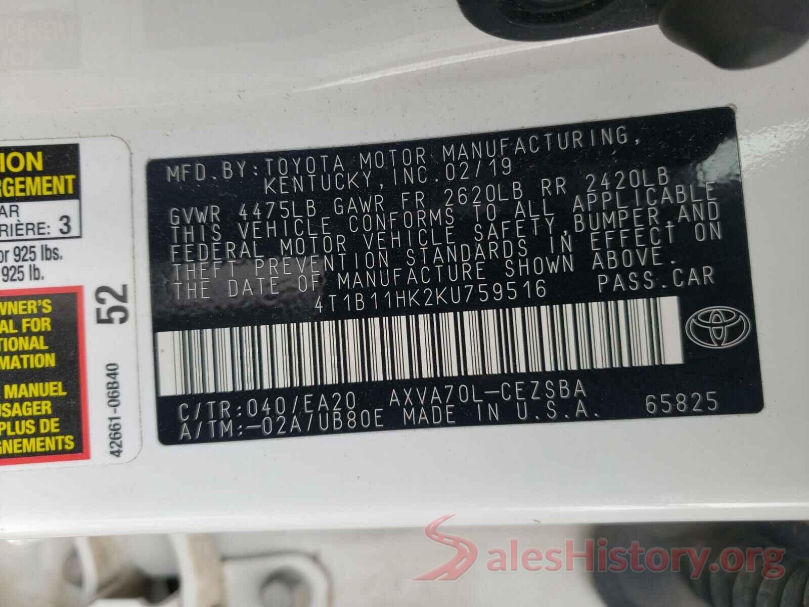 4T1B11HK2KU759516 2019 TOYOTA CAMRY