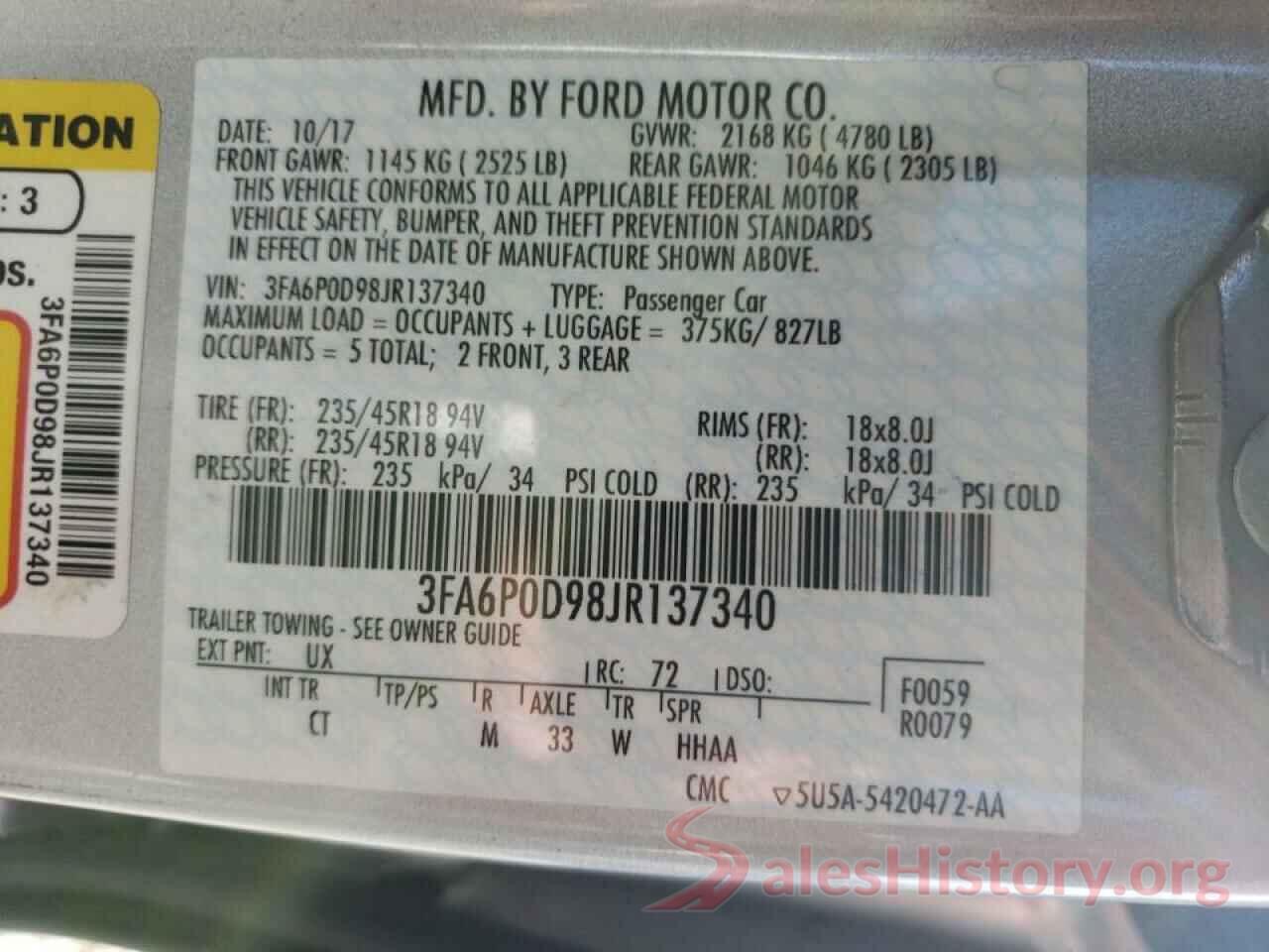 3FA6P0D98JR137340 2018 FORD FUSION