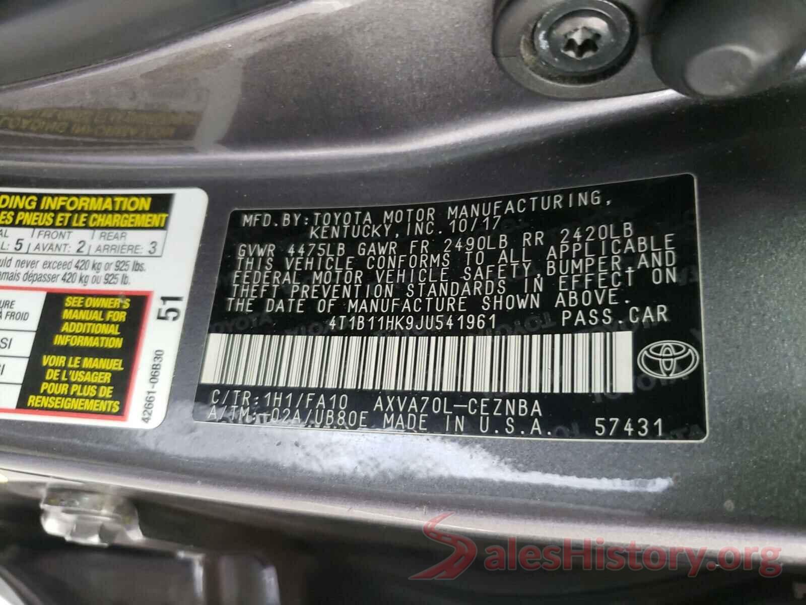 4T1B11HK9JU541961 2018 TOYOTA CAMRY