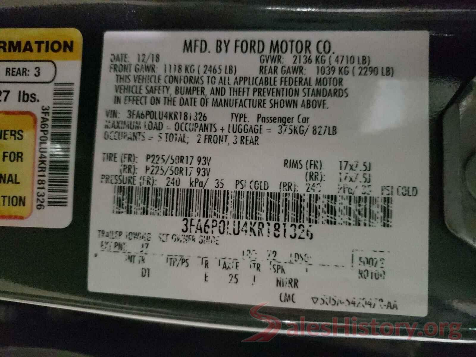 3FA6P0LU4KR181326 2019 FORD FUSION