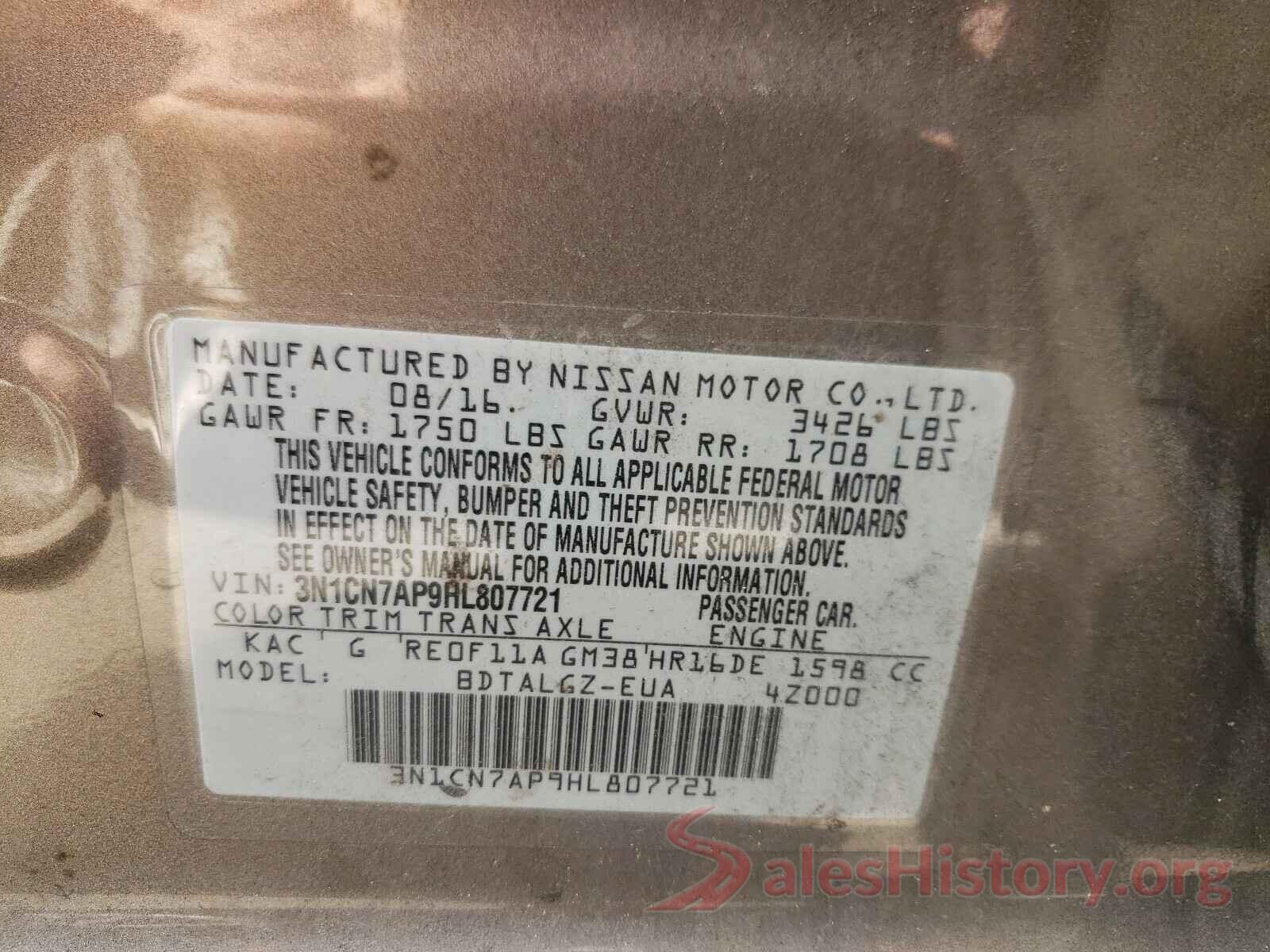 3N1CN7AP9HL807721 2017 NISSAN VERSA