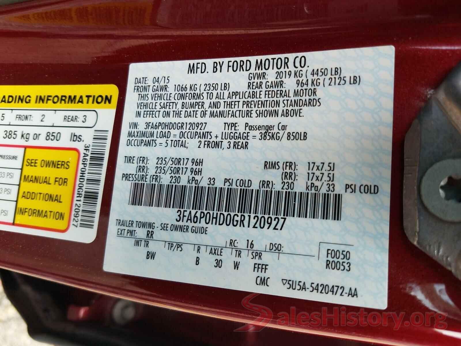 3FA6P0HD0GR120927 2016 FORD FUSION