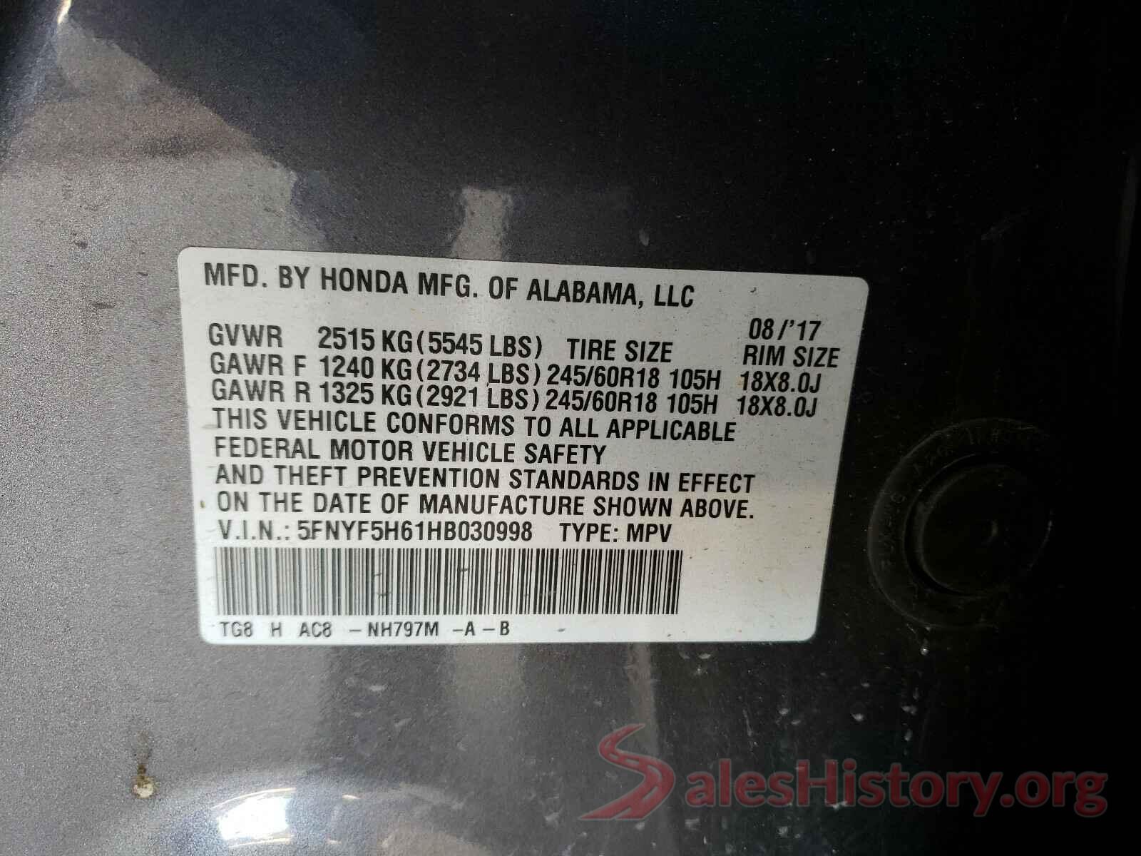 5FNYF5H61HB030998 2017 HONDA PILOT