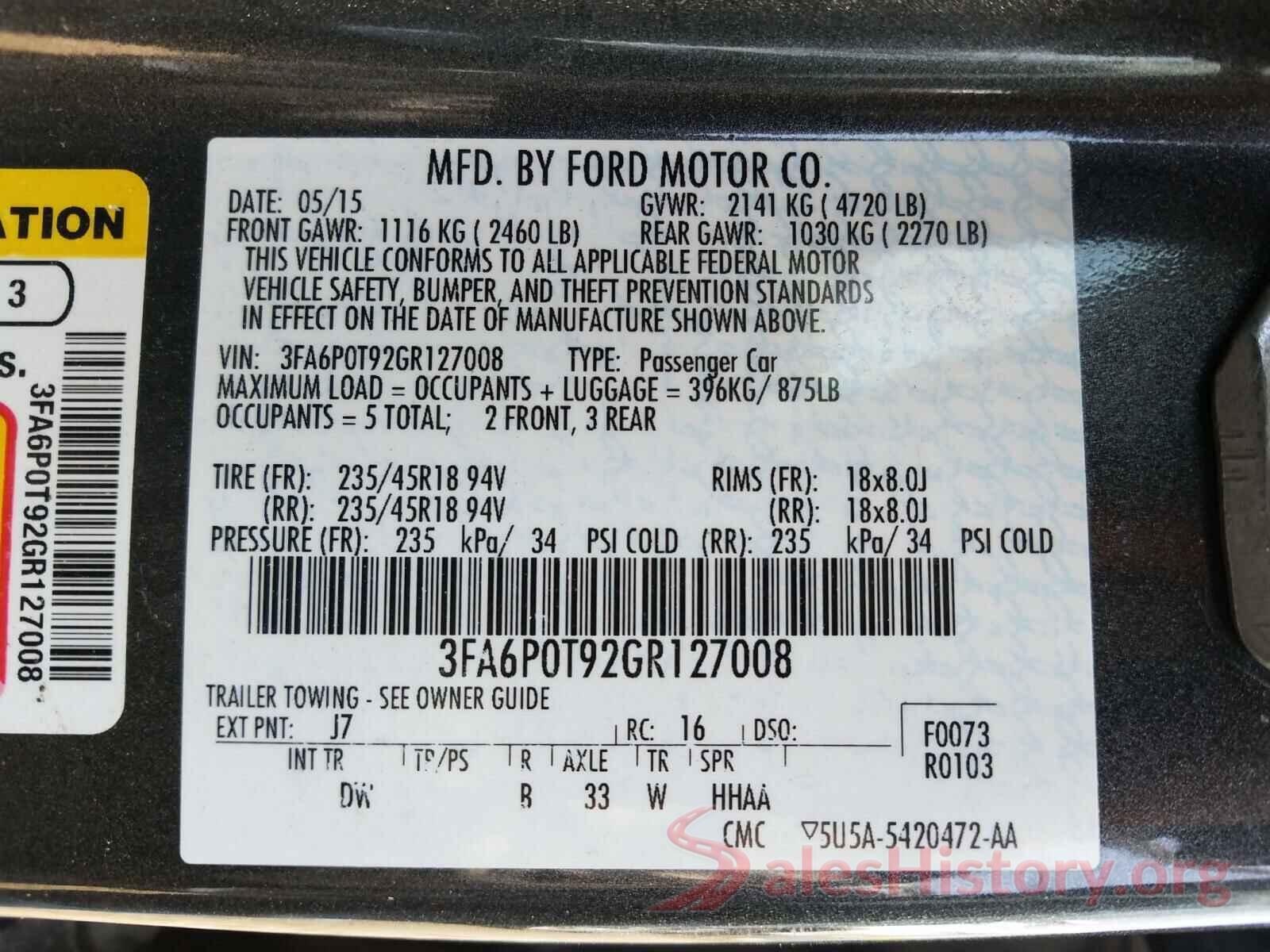 3FA6P0T92GR127008 2016 FORD FUSION