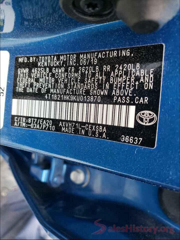 4T1B21HK9KU013870 2019 TOYOTA CAMRY