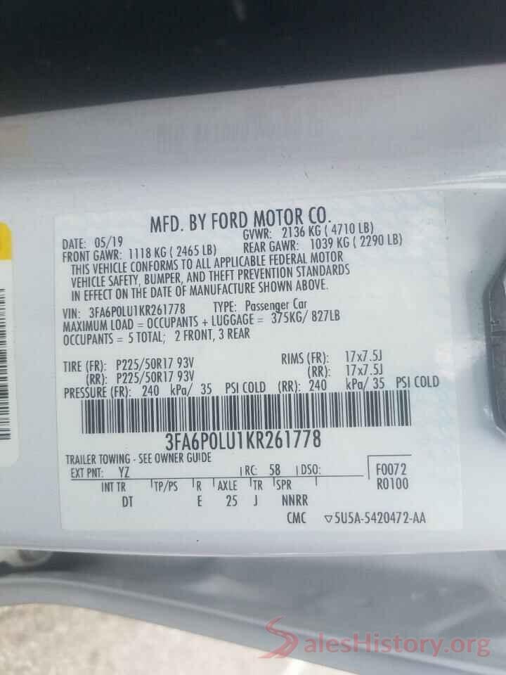 3FA6P0LU1KR261778 2019 FORD FUSION