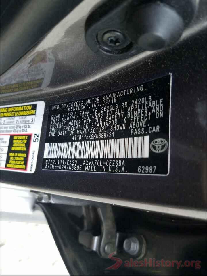 4T1B11HK9KU688721 2019 TOYOTA CAMRY