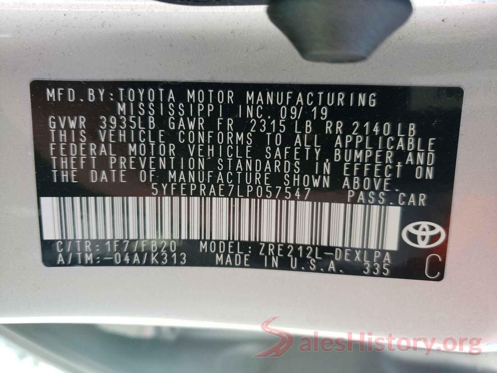 5YFEPRAE7LP057547 2020 TOYOTA COROLLA