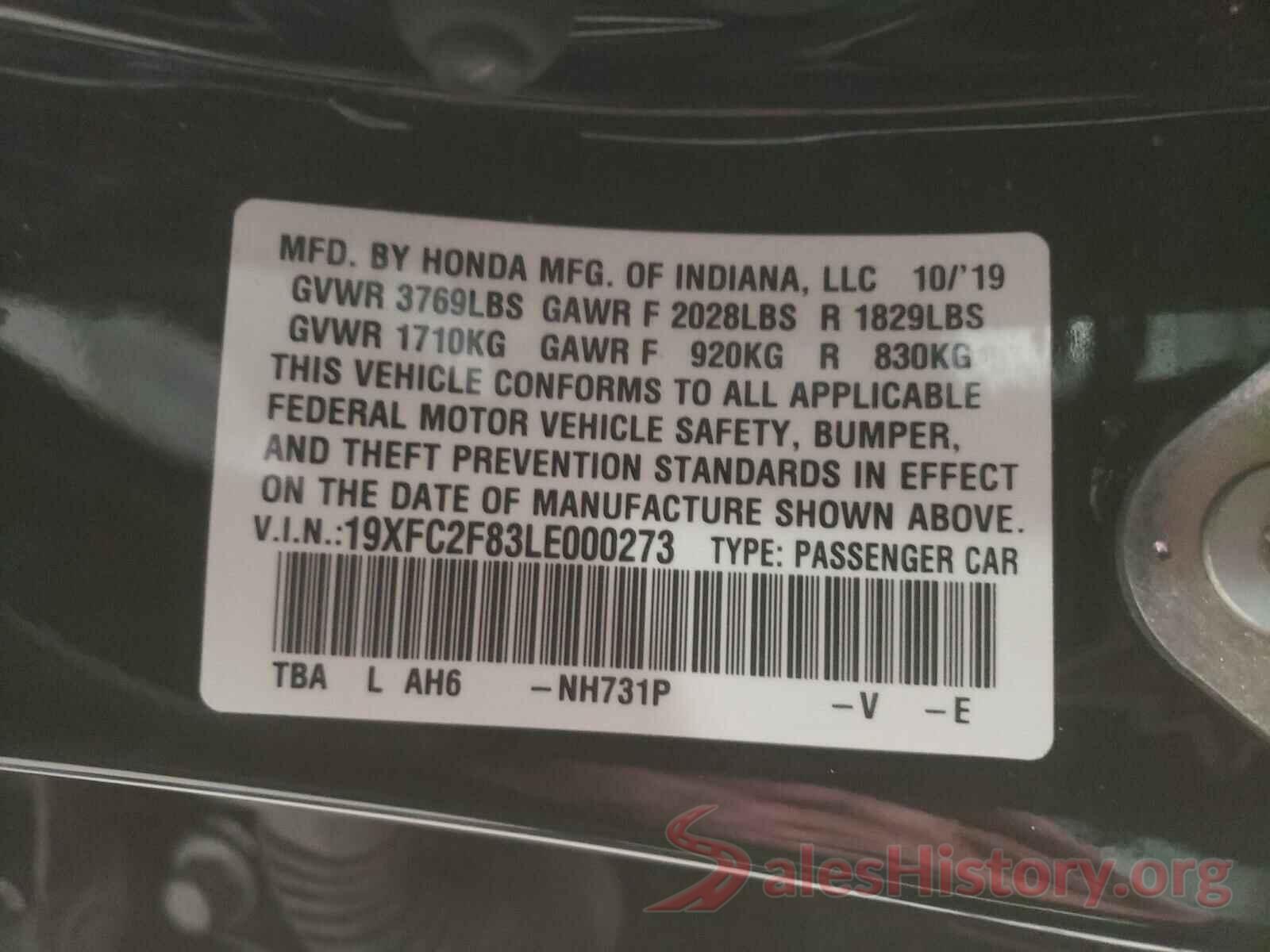 19XFC2F83LE000273 2020 HONDA CIVIC