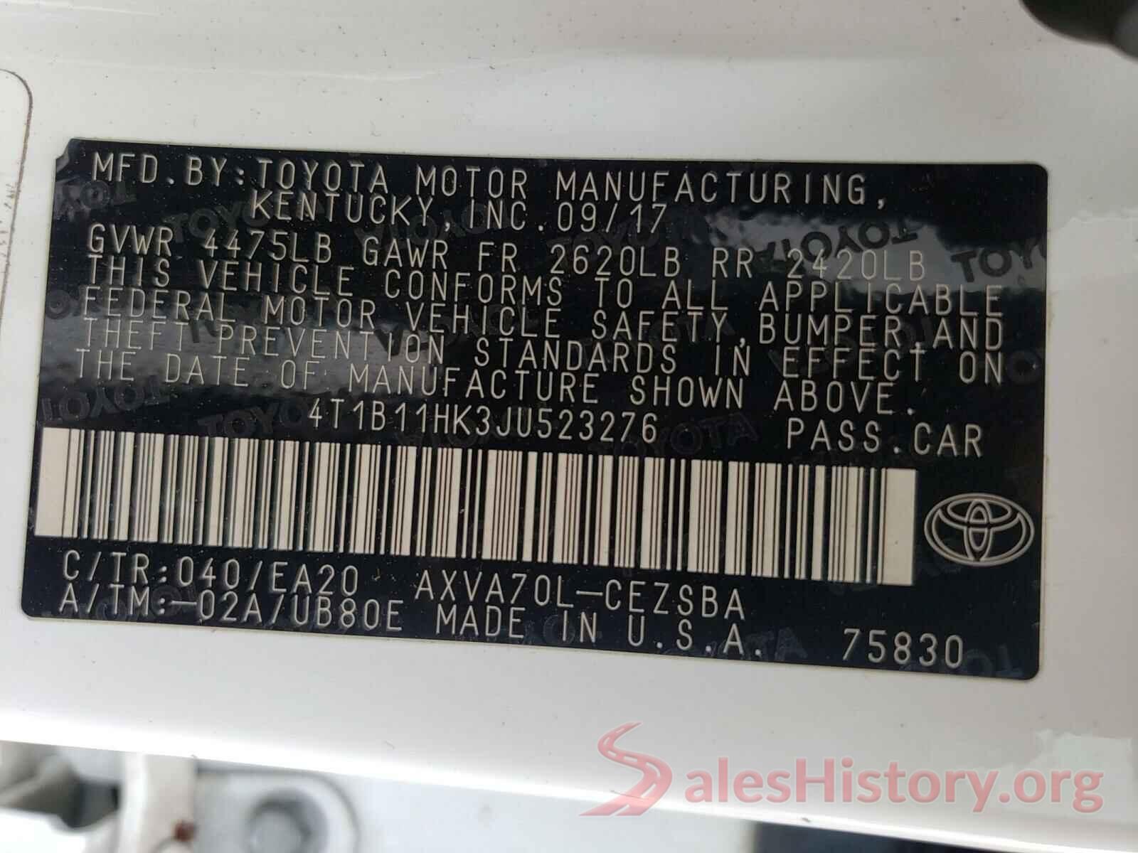 4T1B11HK3JU523276 2018 TOYOTA CAMRY