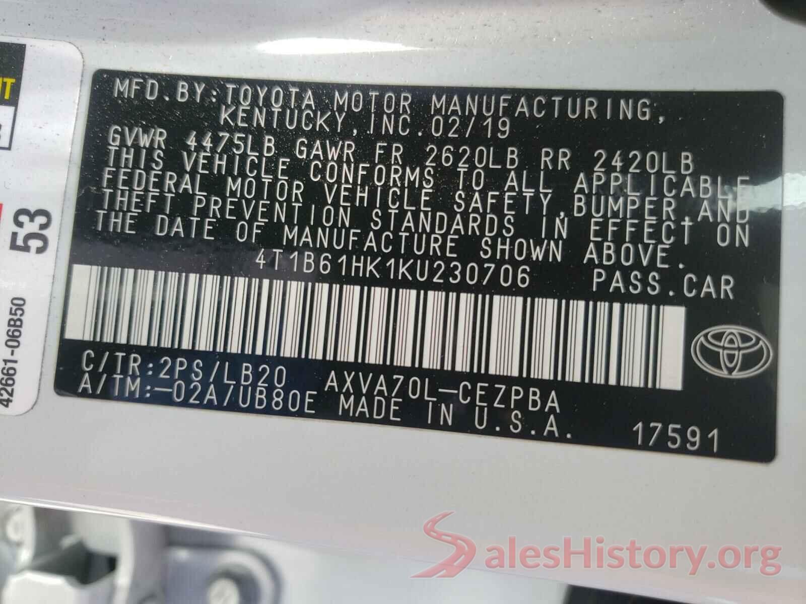 4T1B61HK1KU230706 2019 TOYOTA CAMRY