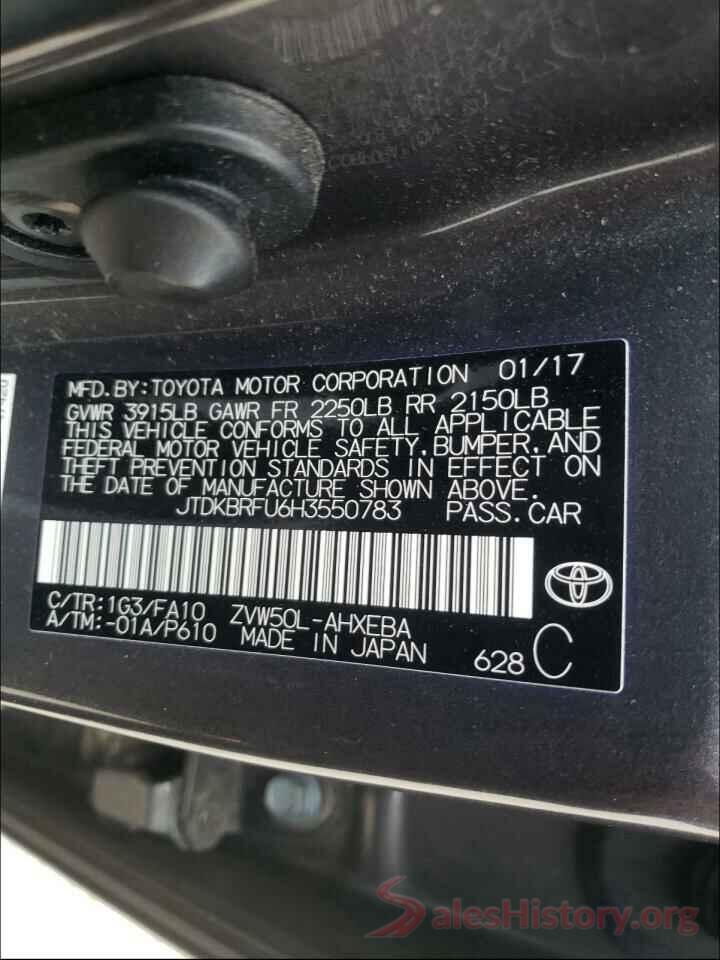 JTDKBRFU6H3550783 2017 TOYOTA PRIUS