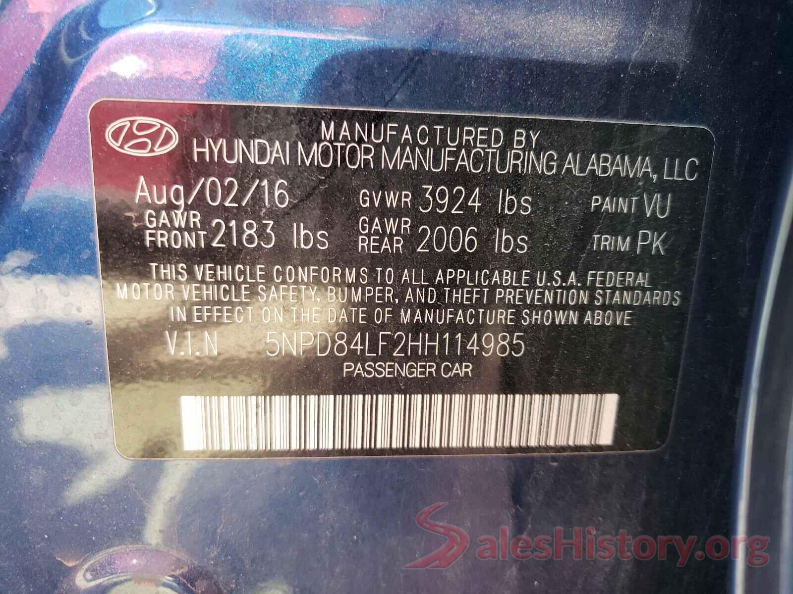 5NPD84LF2HH114985 2017 HYUNDAI ELANTRA