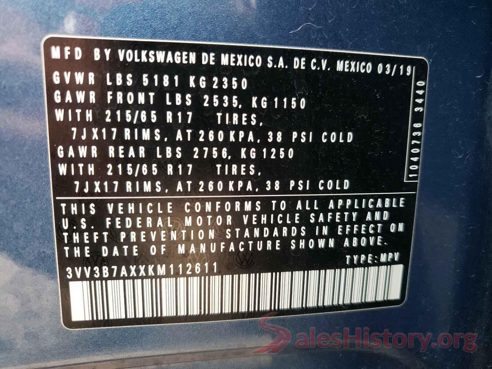 3VV3B7AXXKM112611 2019 VOLKSWAGEN TIGUAN