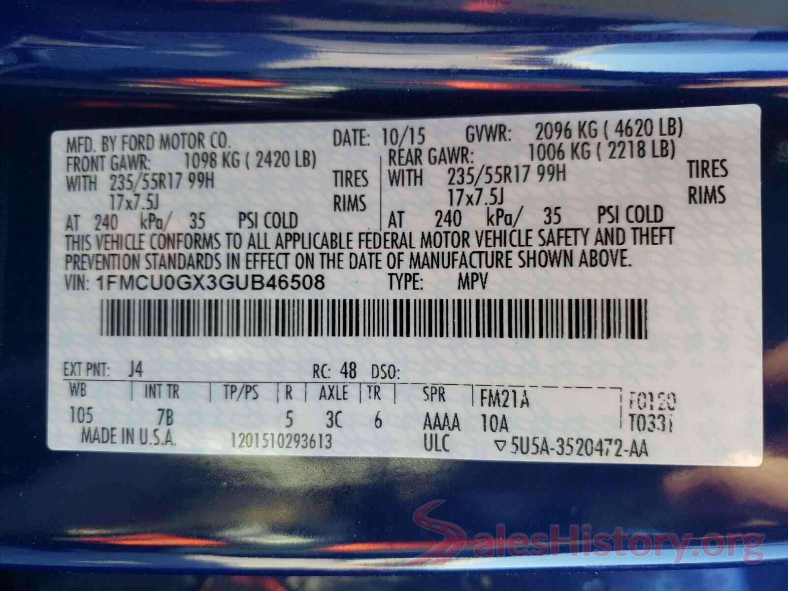 1FMCU0GX3GUB46508 2016 FORD ESCAPE