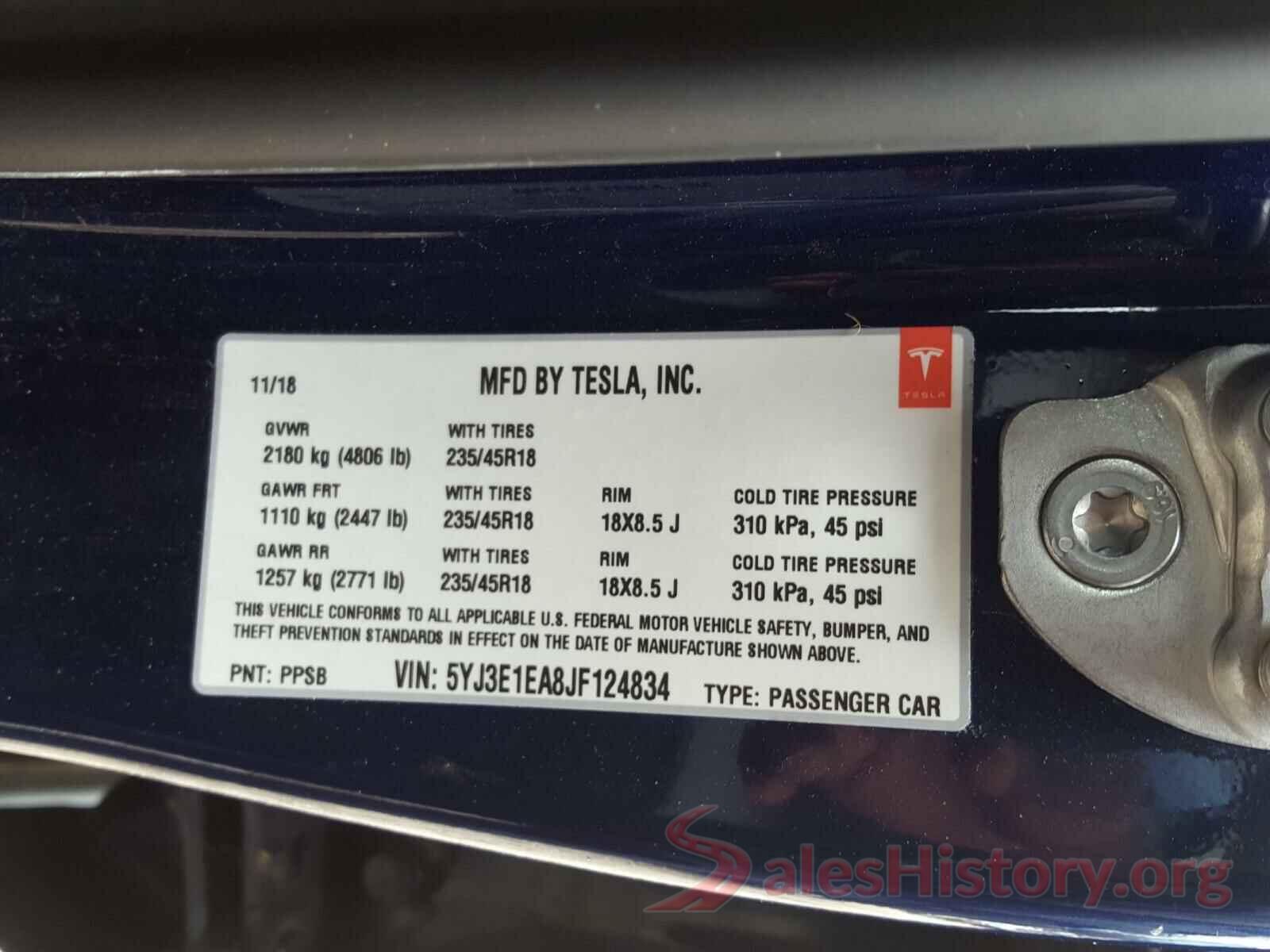 5YJ3E1EA8JF124834 2018 TESLA MODEL 3