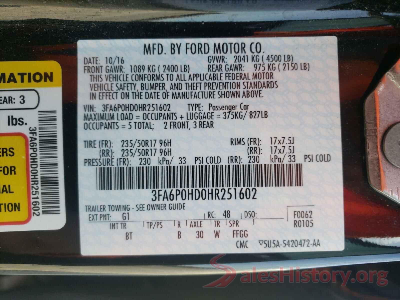 3FA6P0HD0HR251602 2017 FORD FUSION