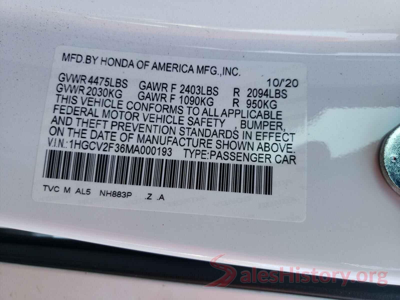 1HGCV2F36MA000193 2021 HONDA ACCORD