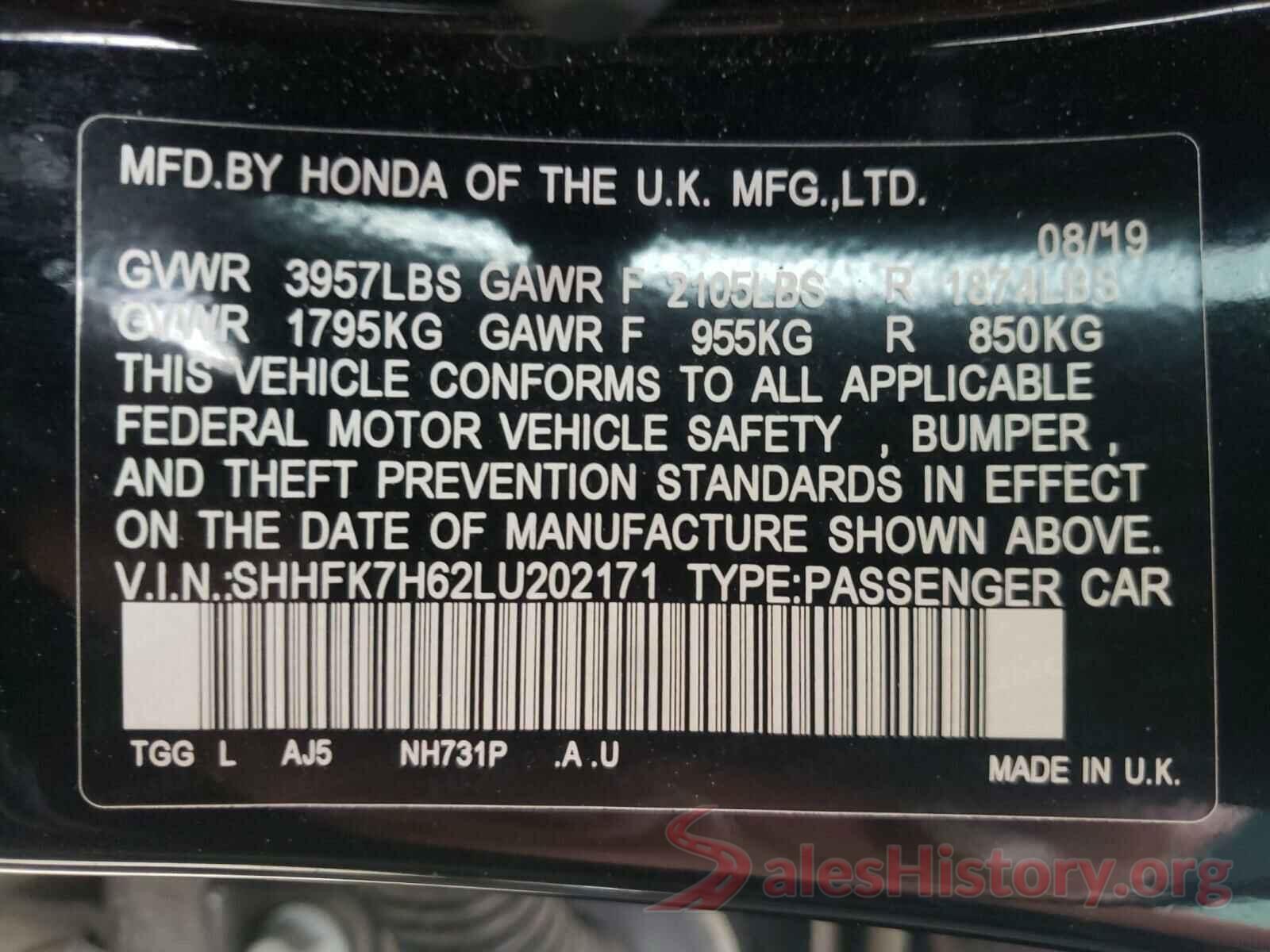 SHHFK7H62LU202171 2020 HONDA CIVIC