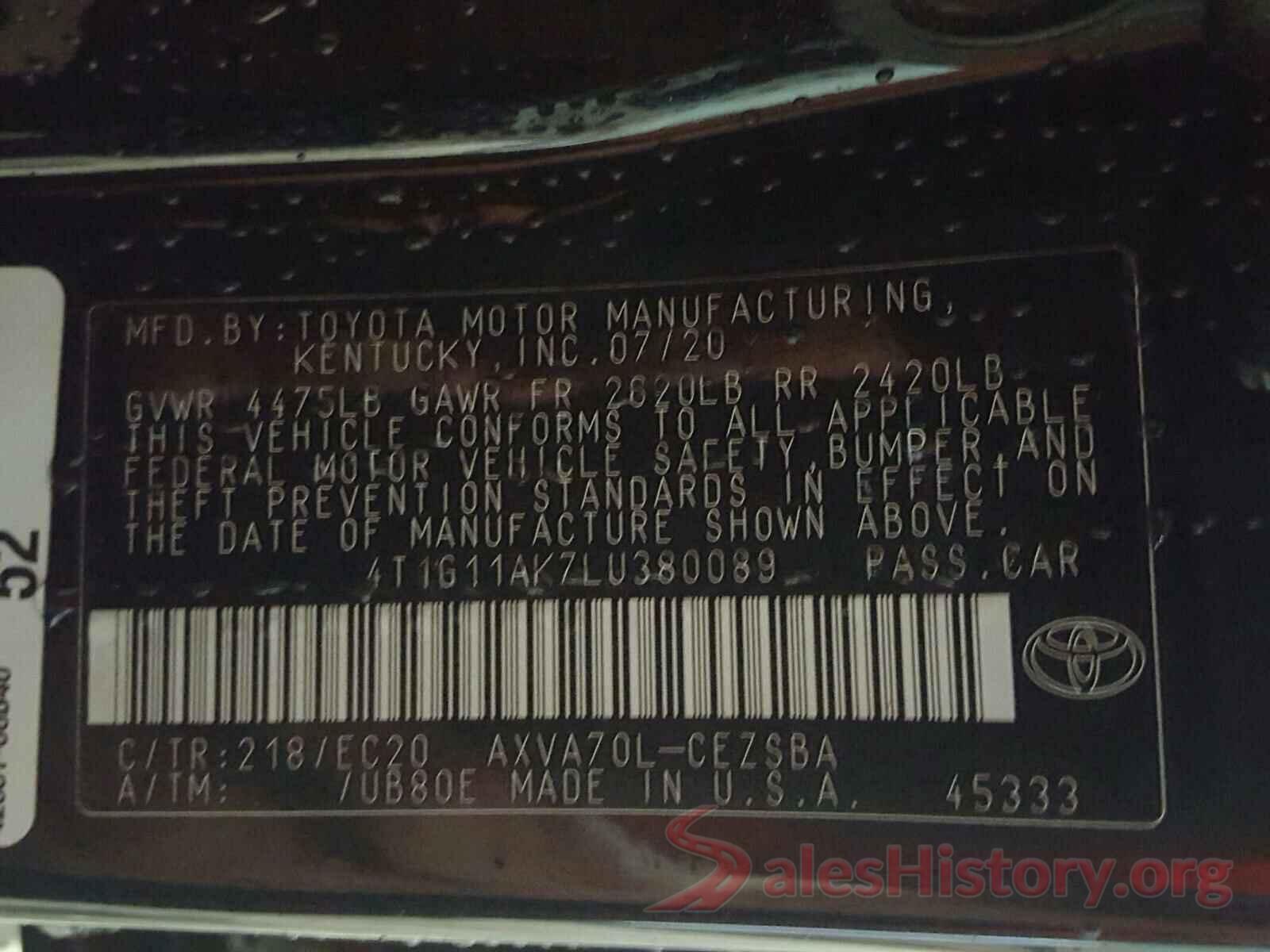 4T1G11AK7LU380089 2020 TOYOTA CAMRY