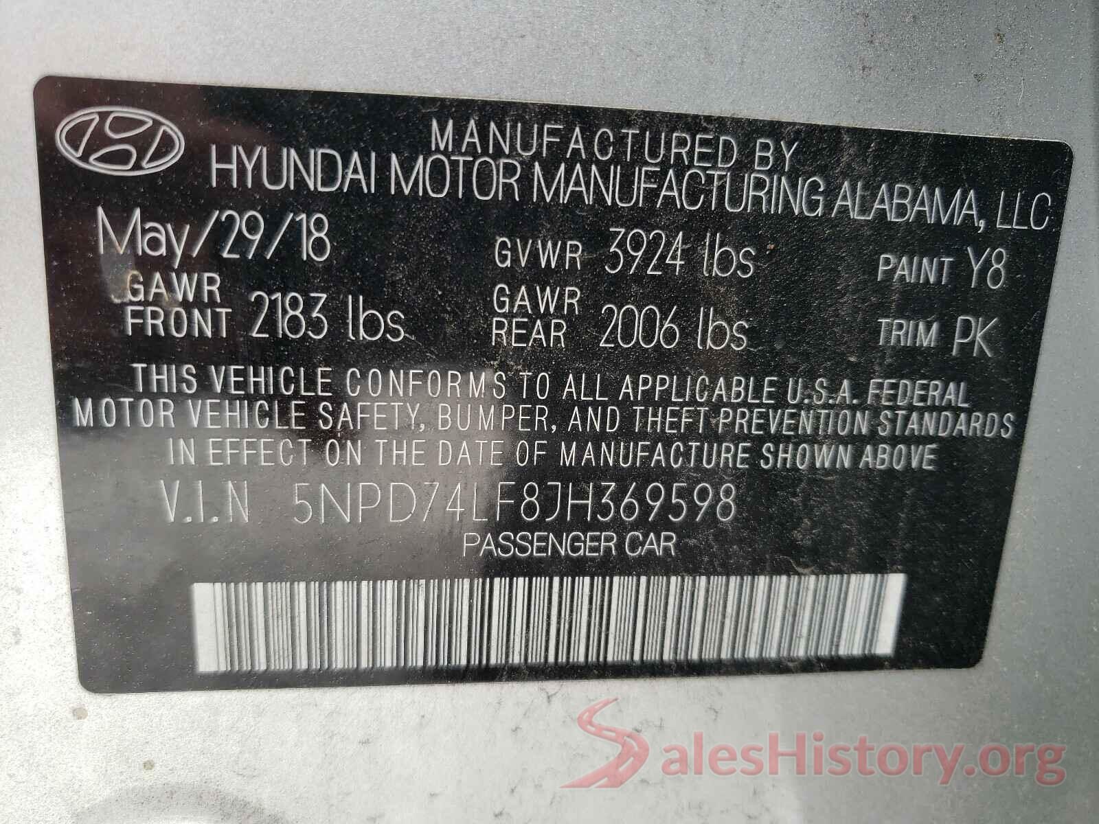 5NPD74LF8JH369598 2018 HYUNDAI ELANTRA