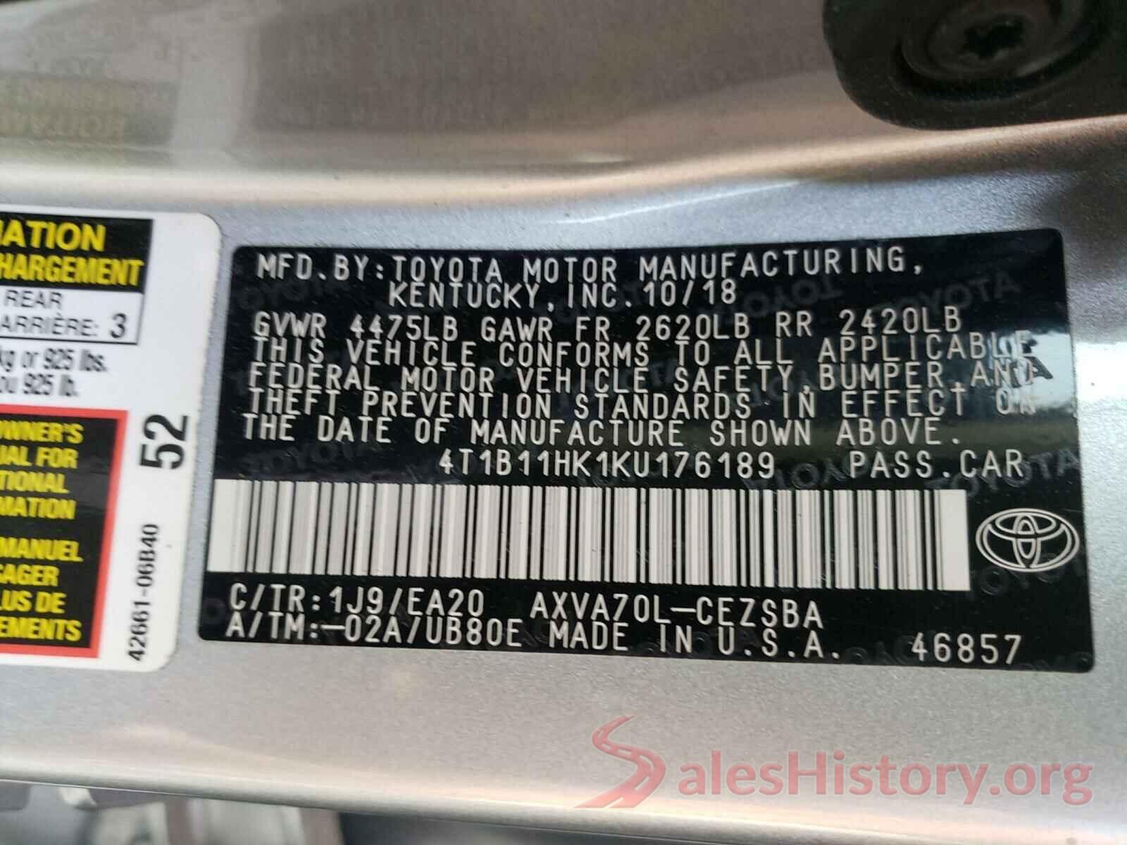 4T1B11HK1KU176189 2019 TOYOTA CAMRY