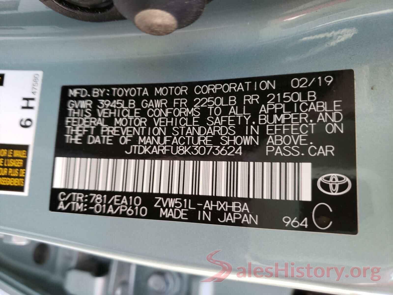 JTDKARFU8K3073624 2019 TOYOTA PRIUS