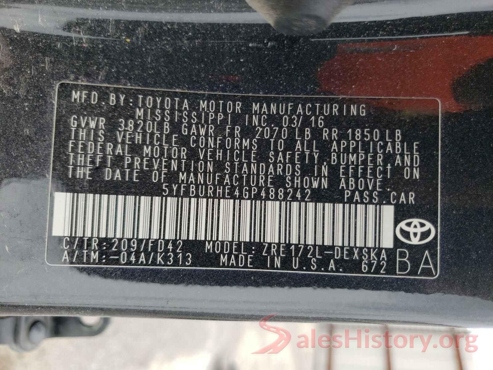 5YFBURHE4GP488242 2016 TOYOTA COROLLA