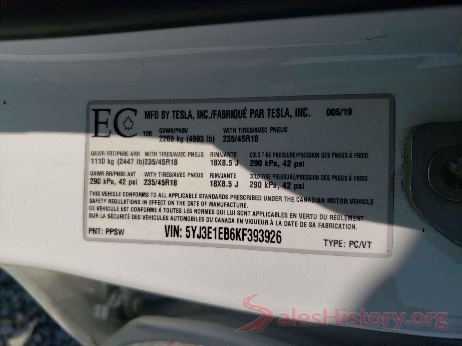 5YJ3E1EB6KF393926 2019 TESLA MODEL 3