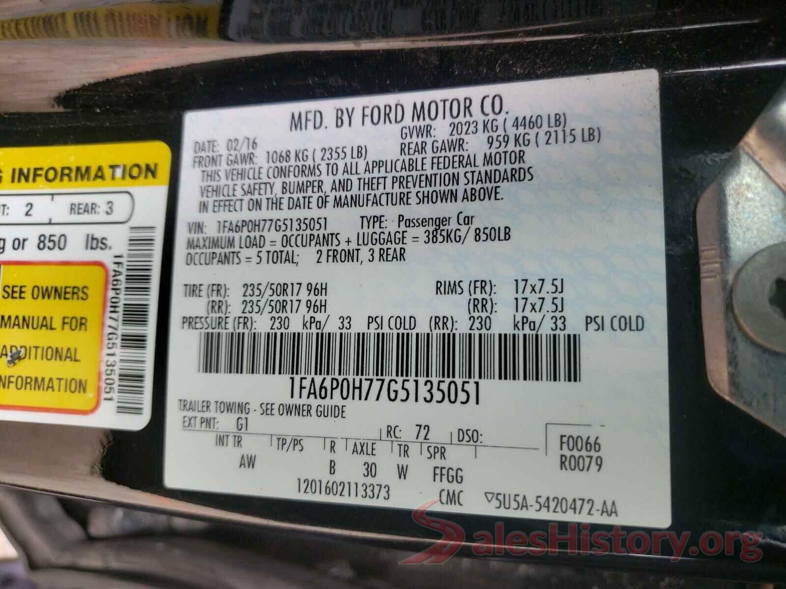 1FA6P0H77G5135051 2016 FORD FUSION