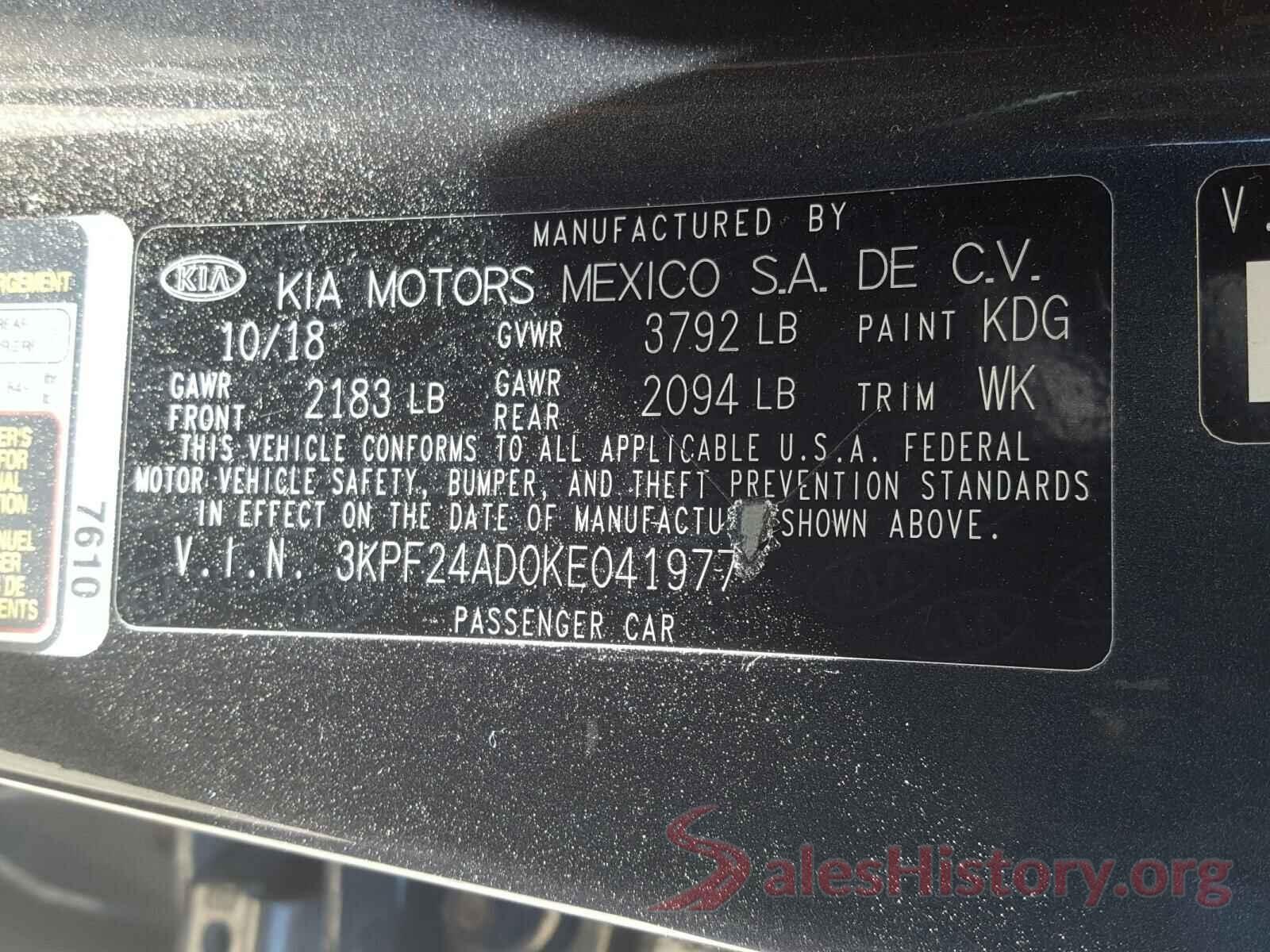 3KPF24AD0KE041977 2019 KIA FORTE