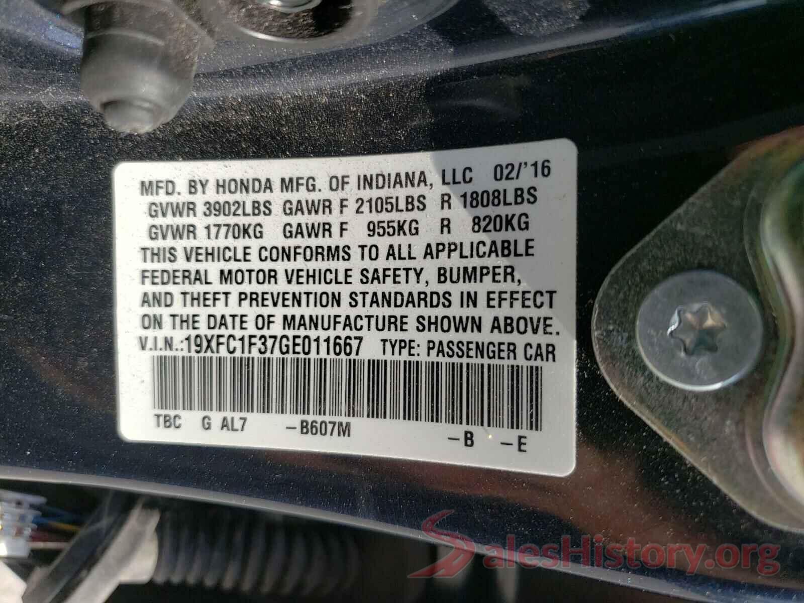 19XFC1F37GE011667 2016 HONDA CIVIC