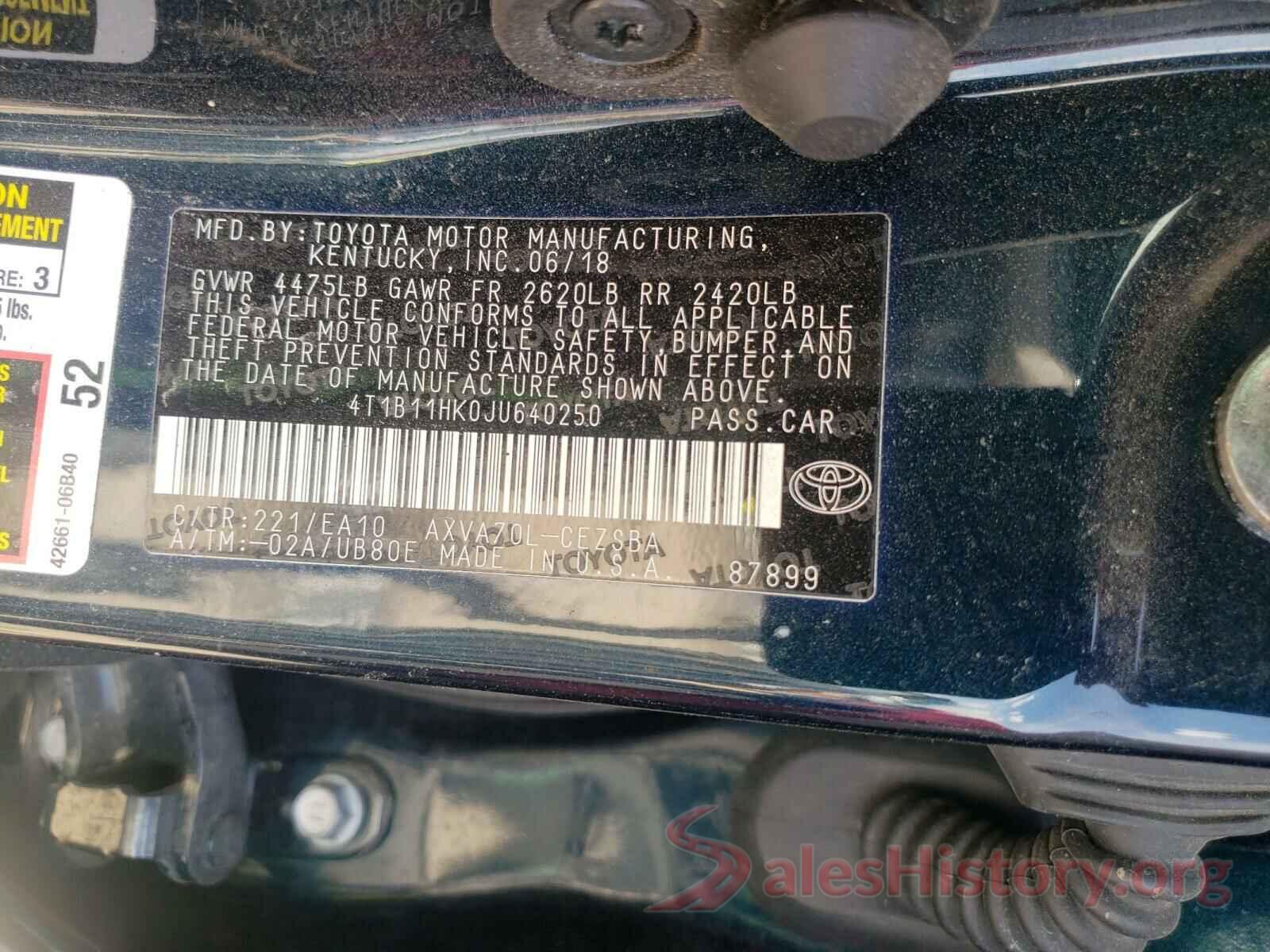 4T1B11HK0JU640250 2018 TOYOTA CAMRY