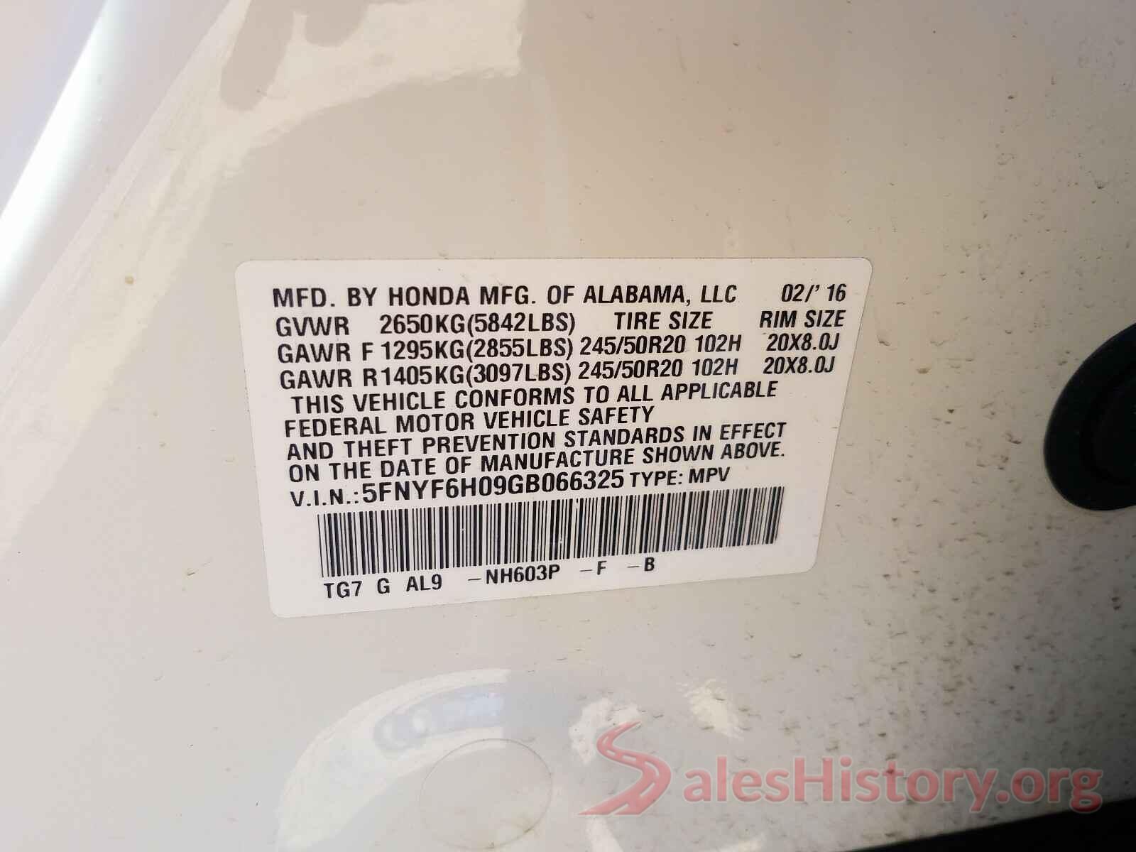 5FNYF6H09GB066325 2016 HONDA PILOT