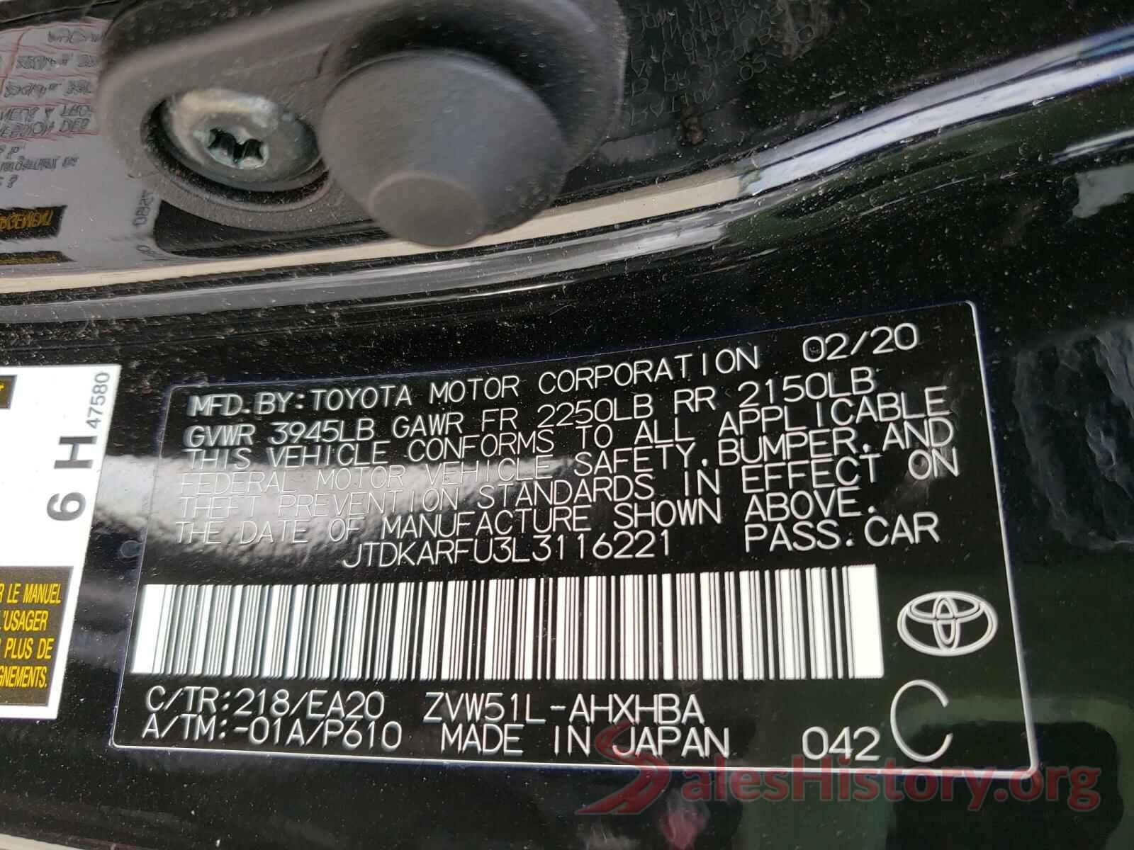 JTDKARFU3L3116221 2020 TOYOTA PRIUS